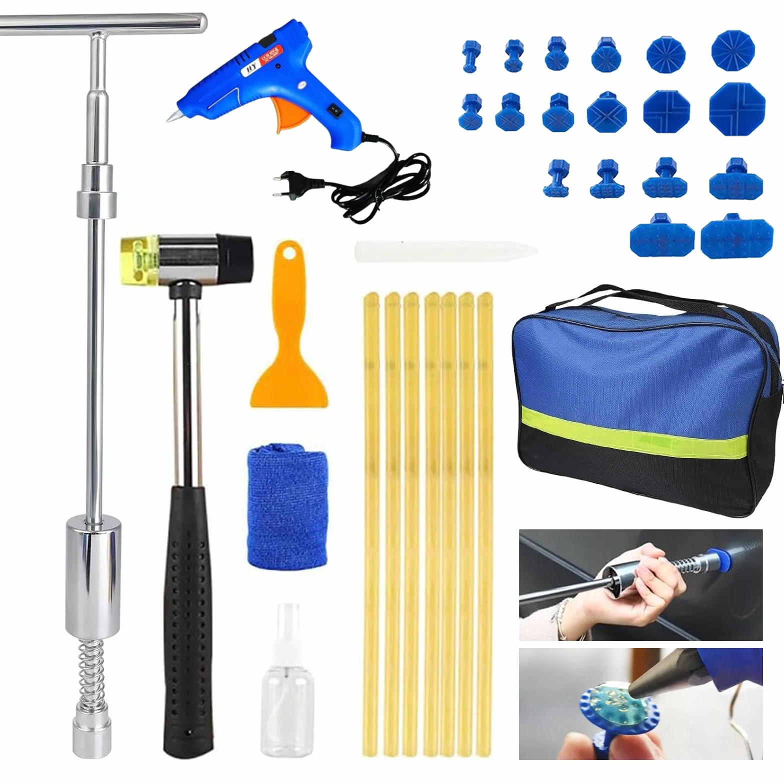 JAOGAUS Tirabolli per Carrozzeria, Levabolli Carrozzeria con Pistola per Colla, Kit Levabolli Auto Professionali con T-Ventose per Carrozzeria Auto, Ripara Ammaccature Auto per Auto/Moto