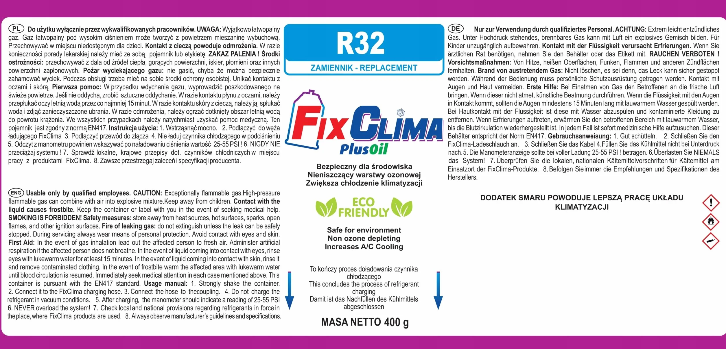 FixClima R32 - Refrigerante 2 x 400 g, con tubo, manometro e adattatore, gas di ricarica per condizionatori d'aria per sistemi split e monoblocco, forte capacità di raffreddamento, qualità
