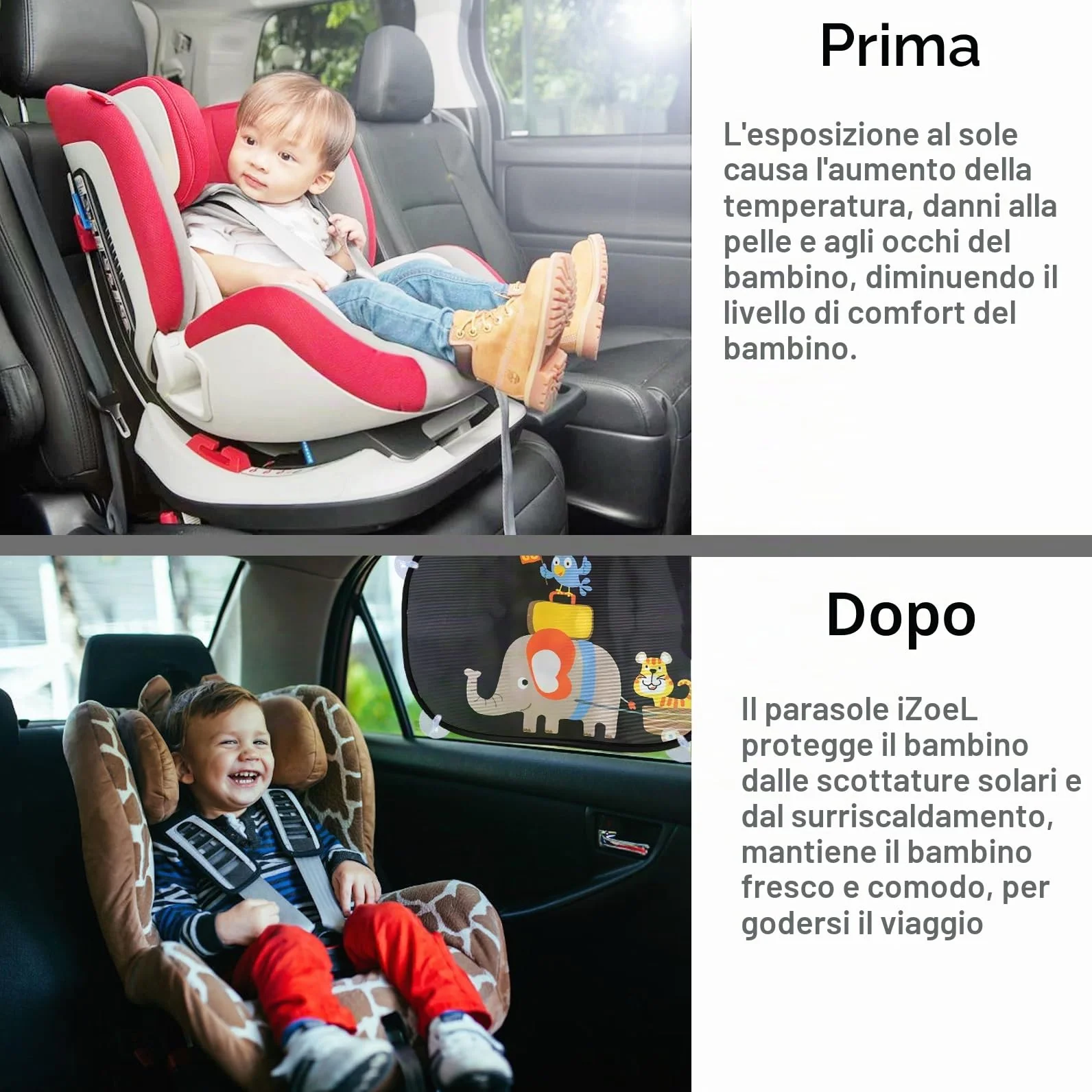iZoeL Parasole Auto per Bambini 2 Pezzi Adatto per Finestrini Posteriori, Motivo Gara di Elefanti, Autoadesivo, 8 Ventose, Custodia, 51 x 31 cm, Universale Protezione Solare E UV