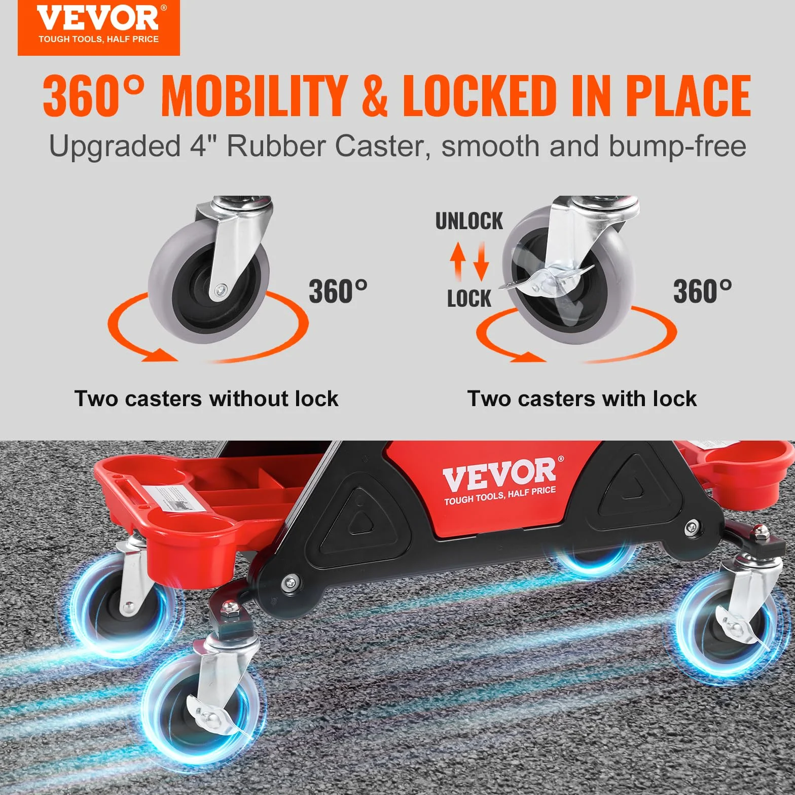 VEVOR Sgabello Mobile Riparazione Officina 64x33.5x39 cm Carico 136 kg Rotelle Bloccabile 450x250 mm Vassoi Portautensili