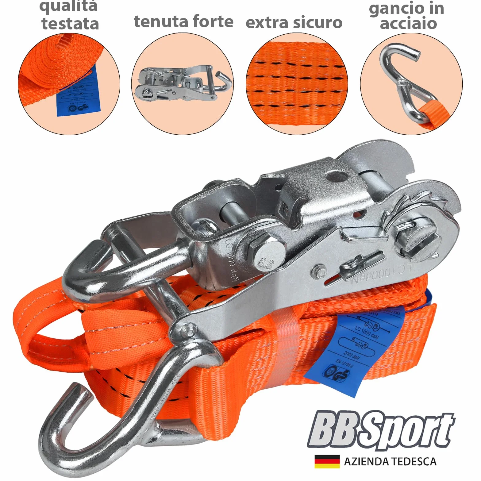 Cinghie di tensione per trasporto auto 2,9 m 50mm DIN EN 12195-2 2000 daN Set di 4