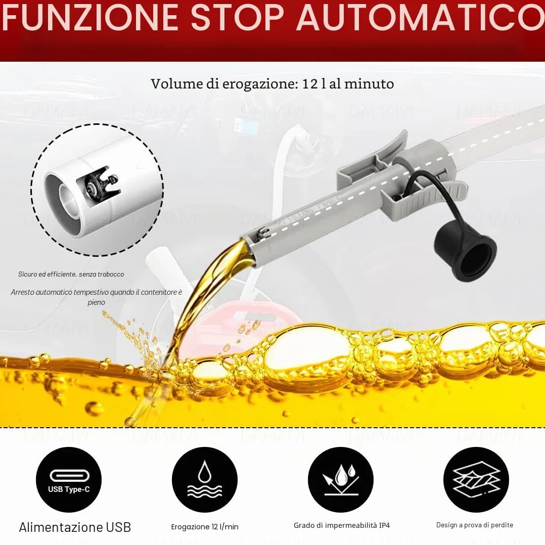 Pompa di Trasferimento Carburante Doppia Alimentazione USB-C/AA 3.2 GPM Arresto Automatico Tubo 51 Pollici
