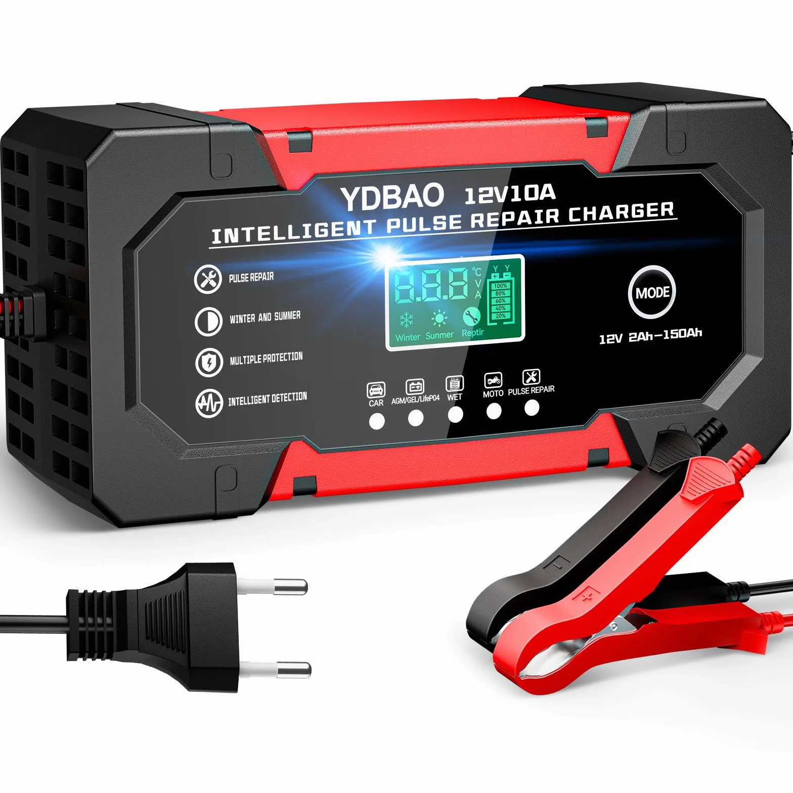 YDBAO Caricabatterie Auto 10A 12V Carica Batteria per Auto Moto Intelligente Multi Protezioni Riparazione di Moto Auto con Schermo LCD per AGM LiFePO4