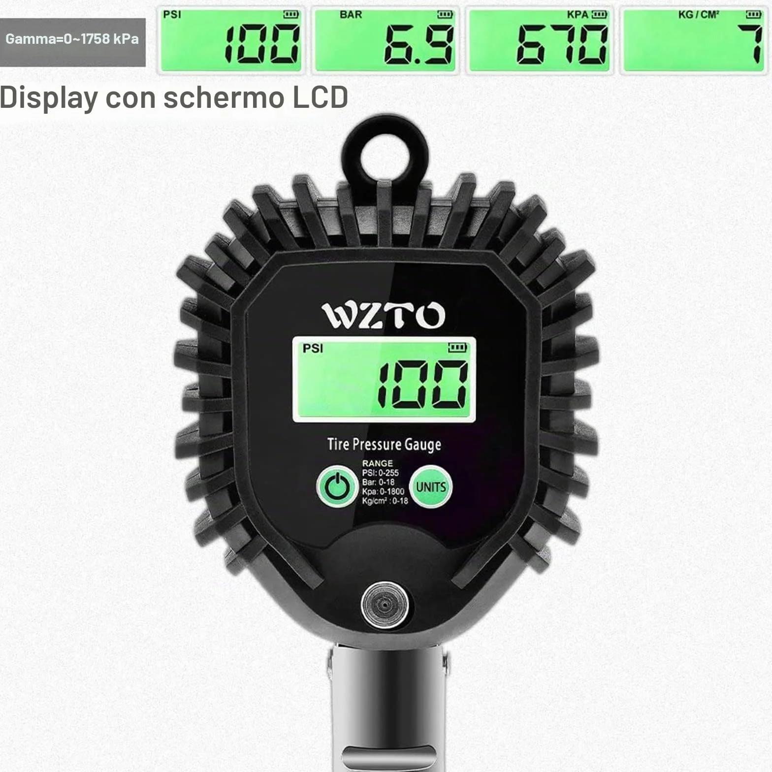 Manometro Pressione Gomme Professionale Digitale 255 PSI Pistola Gonfiaggio Pneumatici LCD Retroilluminato
