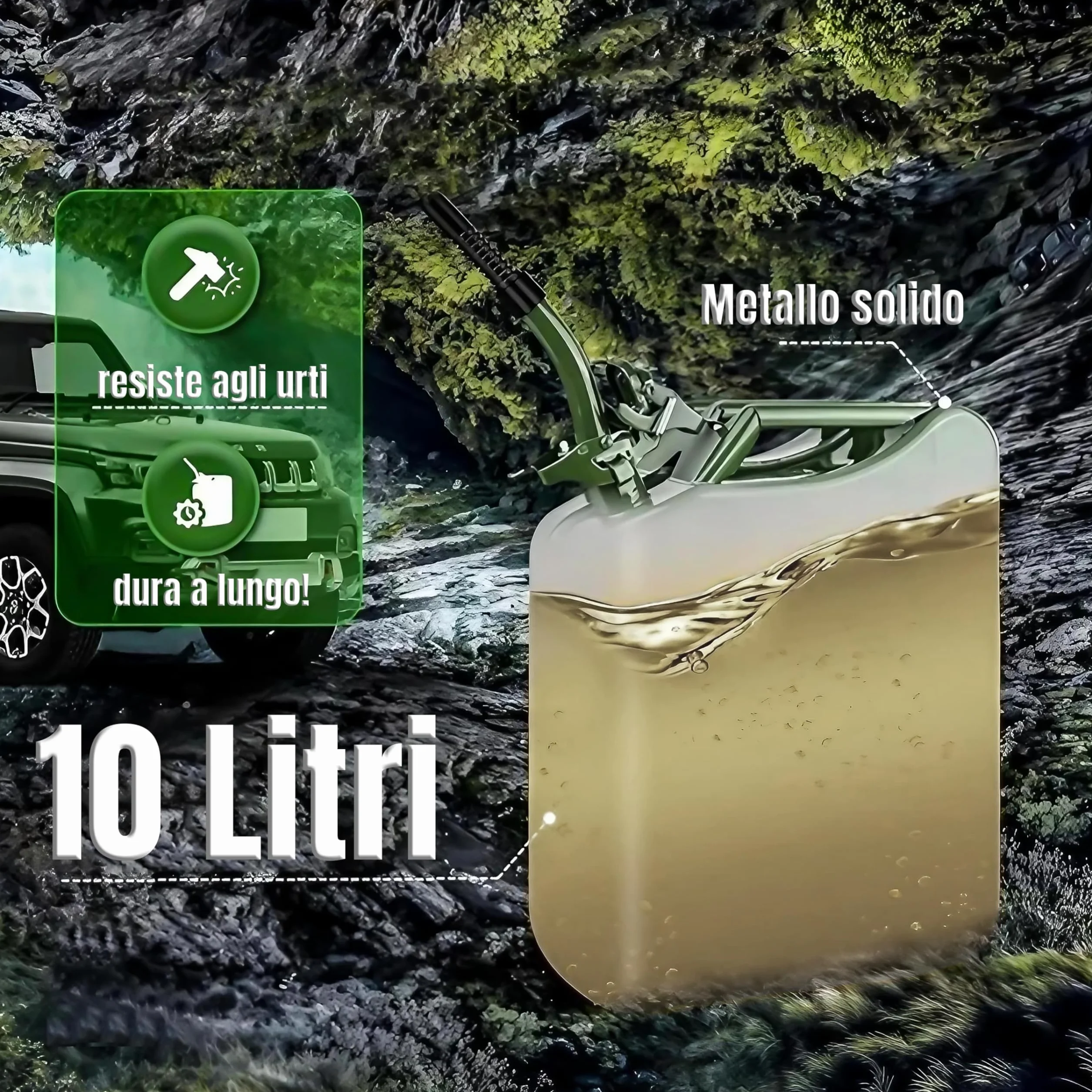 ESTO Tanica Benzina Metallo Verde Militare 10L Senza Beccuccio Antiruggine Certificata UN