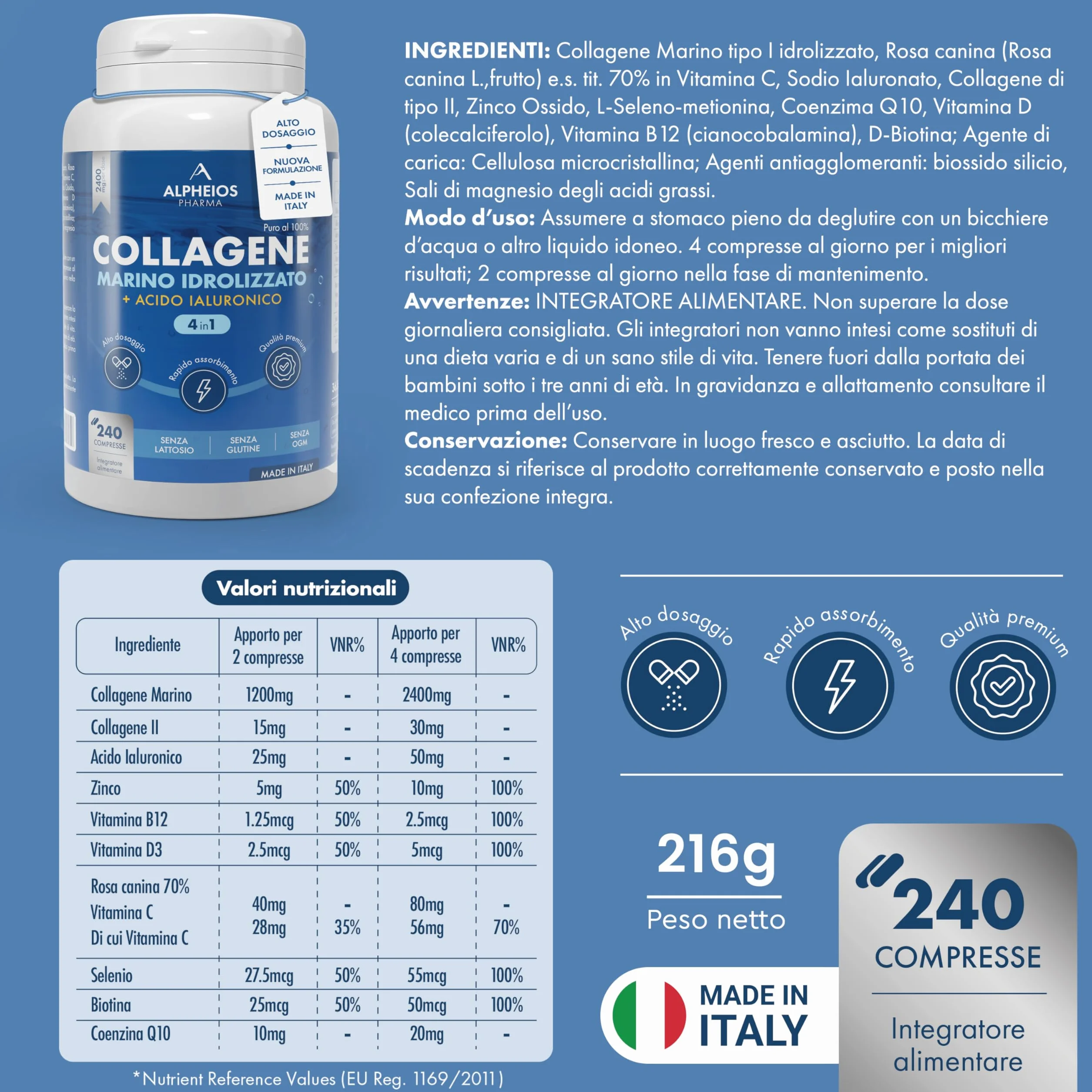Collagene Marino con Acido Ialuronico 240 Compresse 2400mg Integratore Biotina Zinco Selenio Vitamina C Coenzima Q10