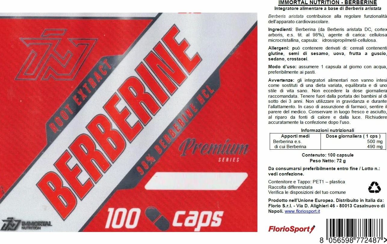 FlorioSport Berberina in Capsule 100 Cps – Berberina Berberis Aristata Pura 500 mg, Titolata al 98% Integratore Alimentare