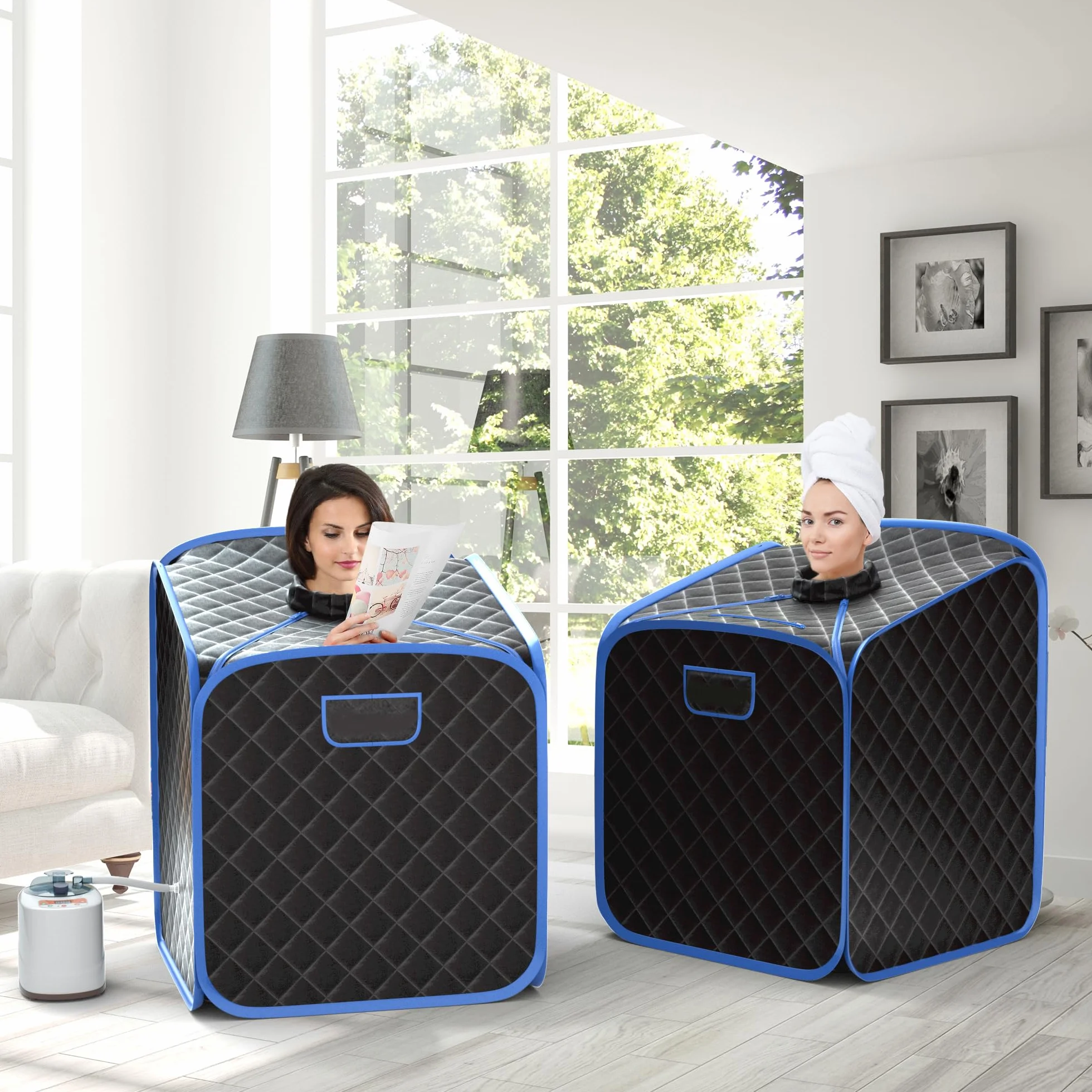 HOMASIS Mini Sauna a Vapore Portatile, Sauna Domestica con Generatore 2L, Telecomando, 9 Livelli Temperatura, Timer, Sedia Pieghevole, Massaggiatore Piedi (Nero)