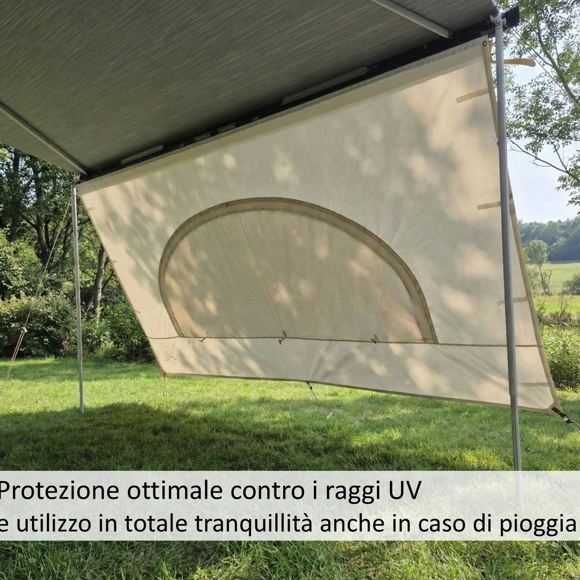 Fiamma F45 AIRIS Parete Anteriore Tenda da Sole Camper 390x190 cm Tessuto Misto Cotone Avorio Impermeabile Protezione UV