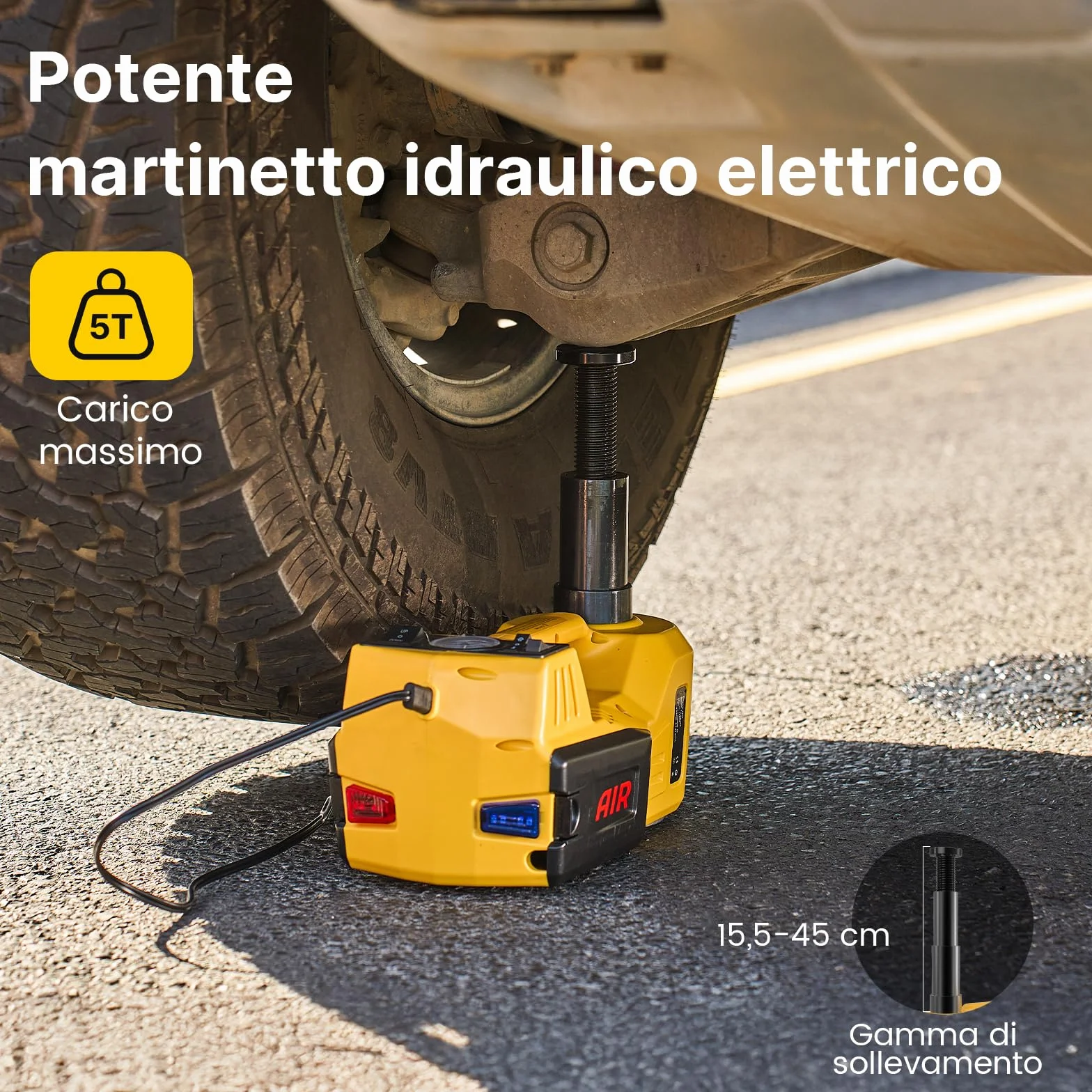TaskStar Cric idraulico elettrico 12V 5 Ton per auto, portata 15,5-45 cm con chiave e gonfiatole