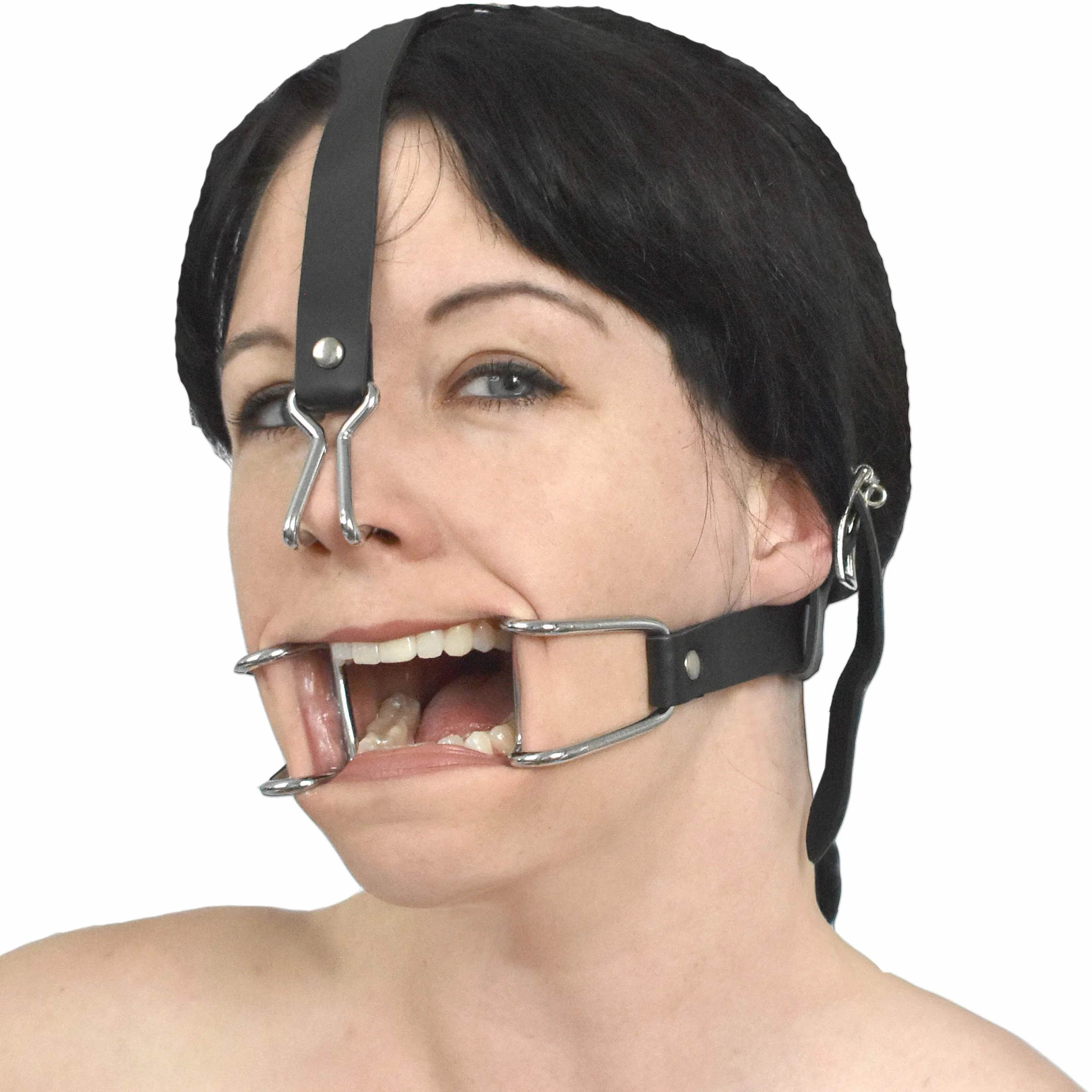 Bavaglio BDSM con gancio nasale e boccale, imbracatura testa bloccabile similpelle, accessorio Bondage regolabile