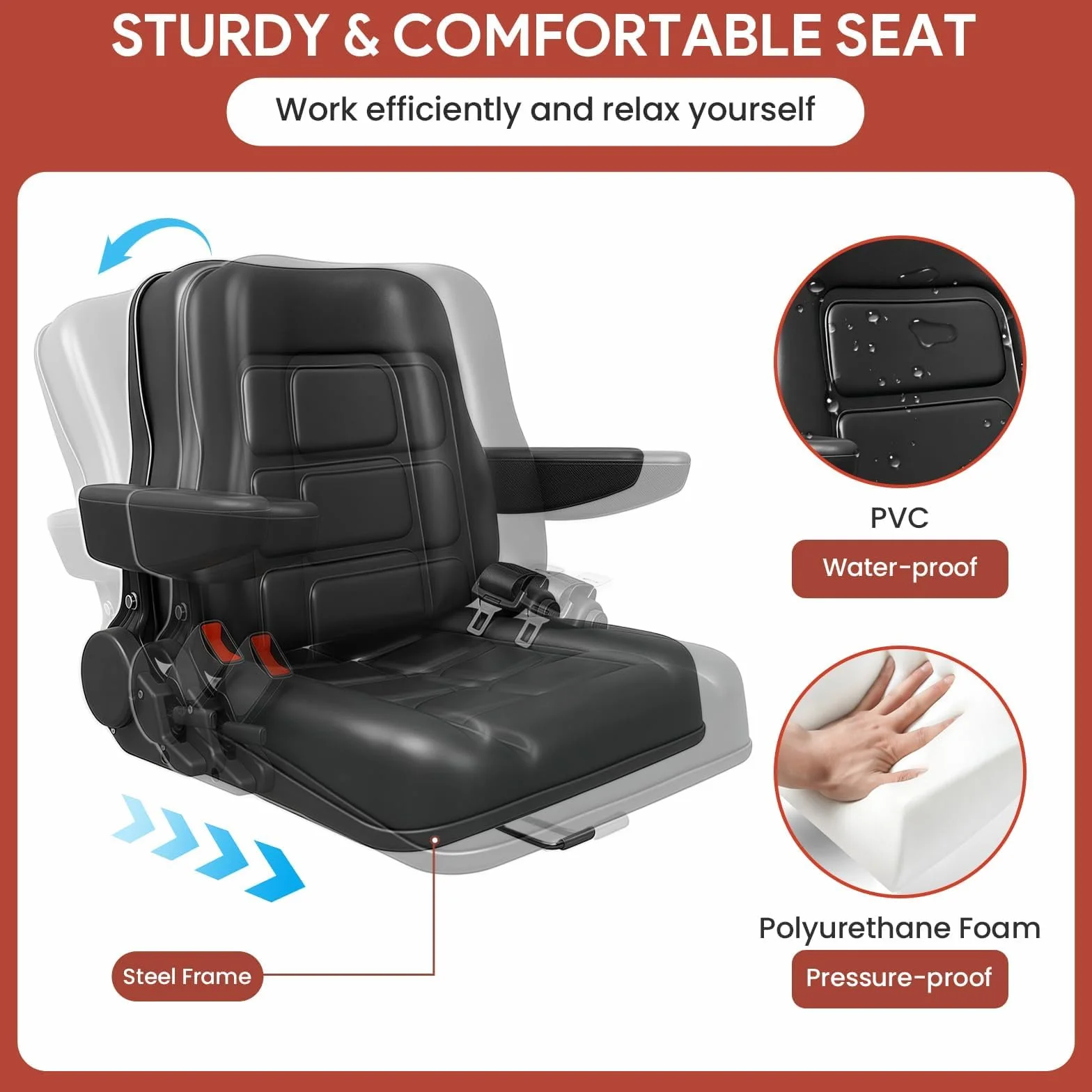 Sedile universale per carrelli elevatori, Sedili pieghevoli per trattori, Sedili per trattori impermeabili con bracciolo posteriore ad angolo regolabile, Cintura di sicurezza per trattori