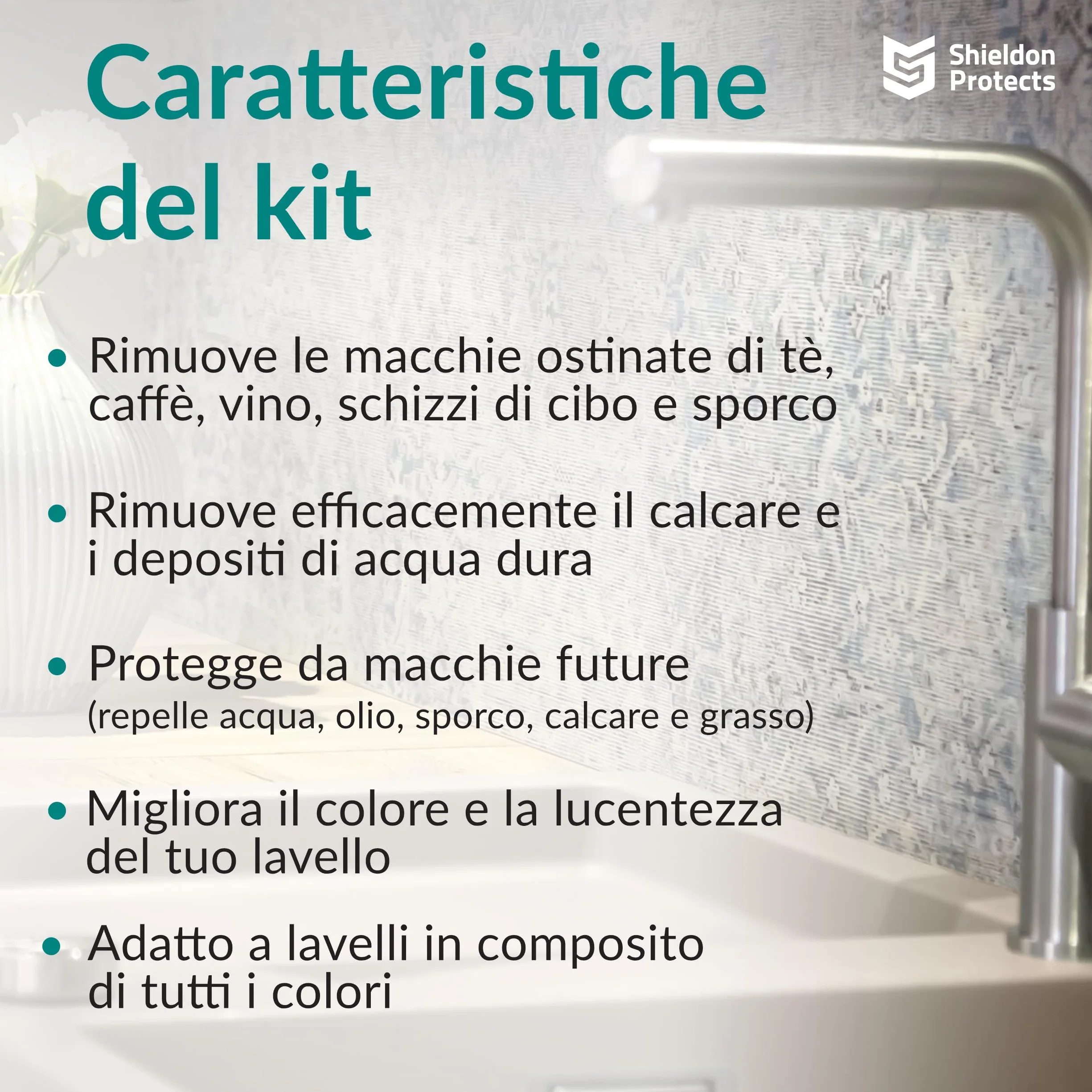 Shieldon Protects Kit rinnovamento lavelli: detergente anticalcare, spray smacchiatore, impregnante nano - per granito, quarzo, porcellana, ceramica