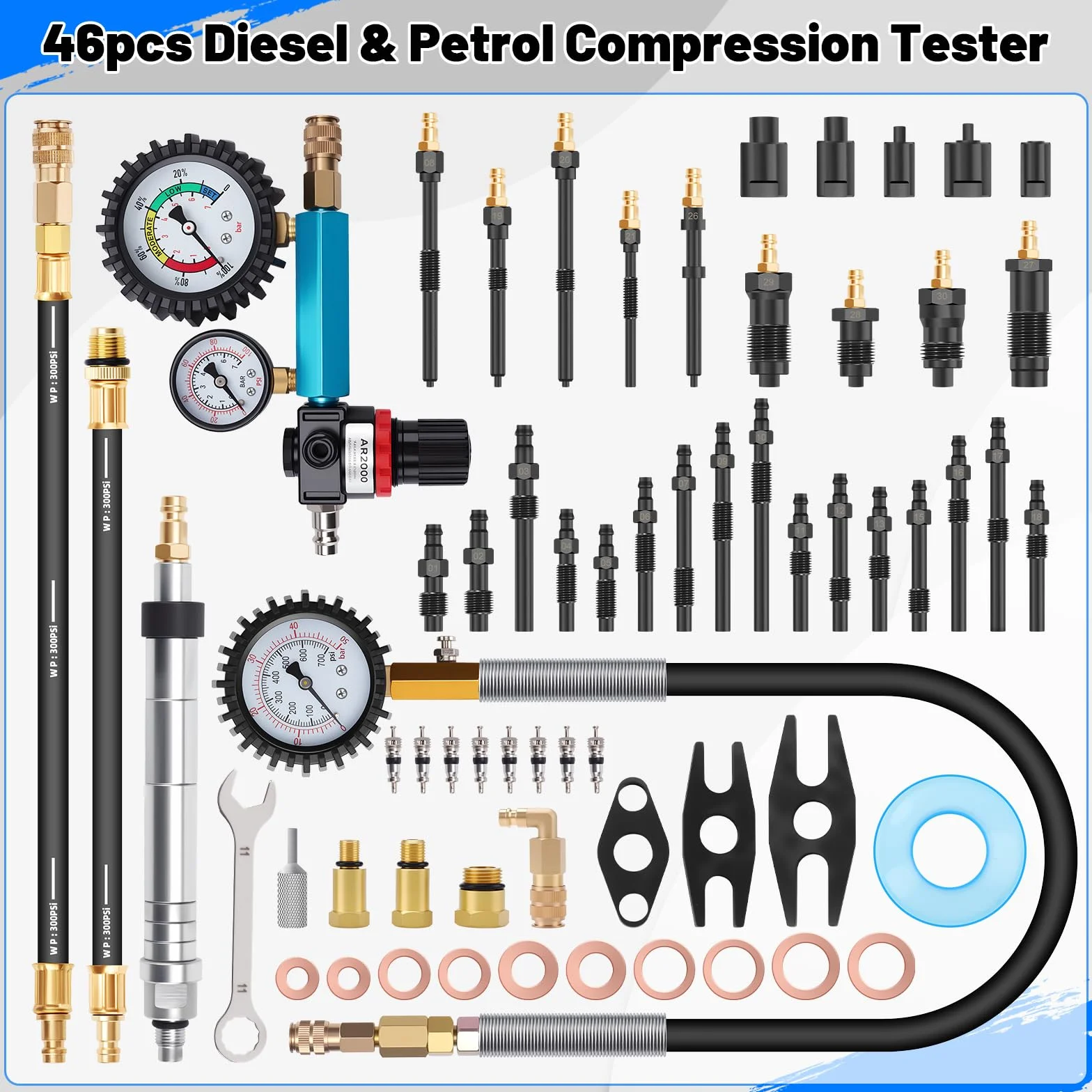 KAOLALI 46 Pezzi Tester di Compressione per Motori a Benzina e Diesel, Tester di Perdita di Pressione 0-725 psi, Testers Motore per Motori Diesel e Benzina HDi, TDCi, M24, M22, M20, M14, M12, M10, M8