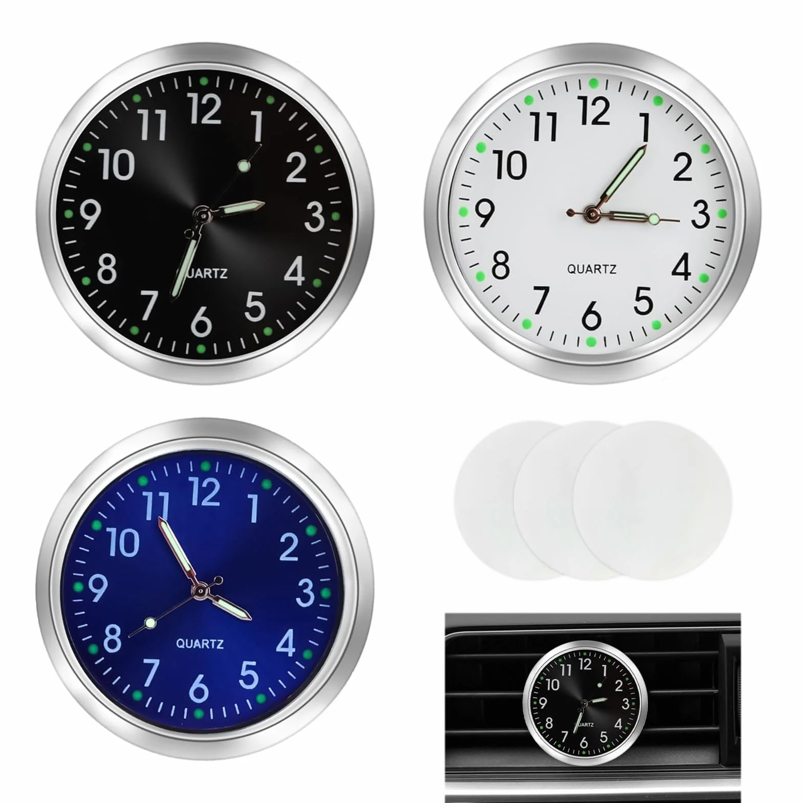 3 Pezzi Orologio per Auto, Mini Quarzo Metallo Cruscotto con Nastro Biadesivo, Nero Bianco Blu