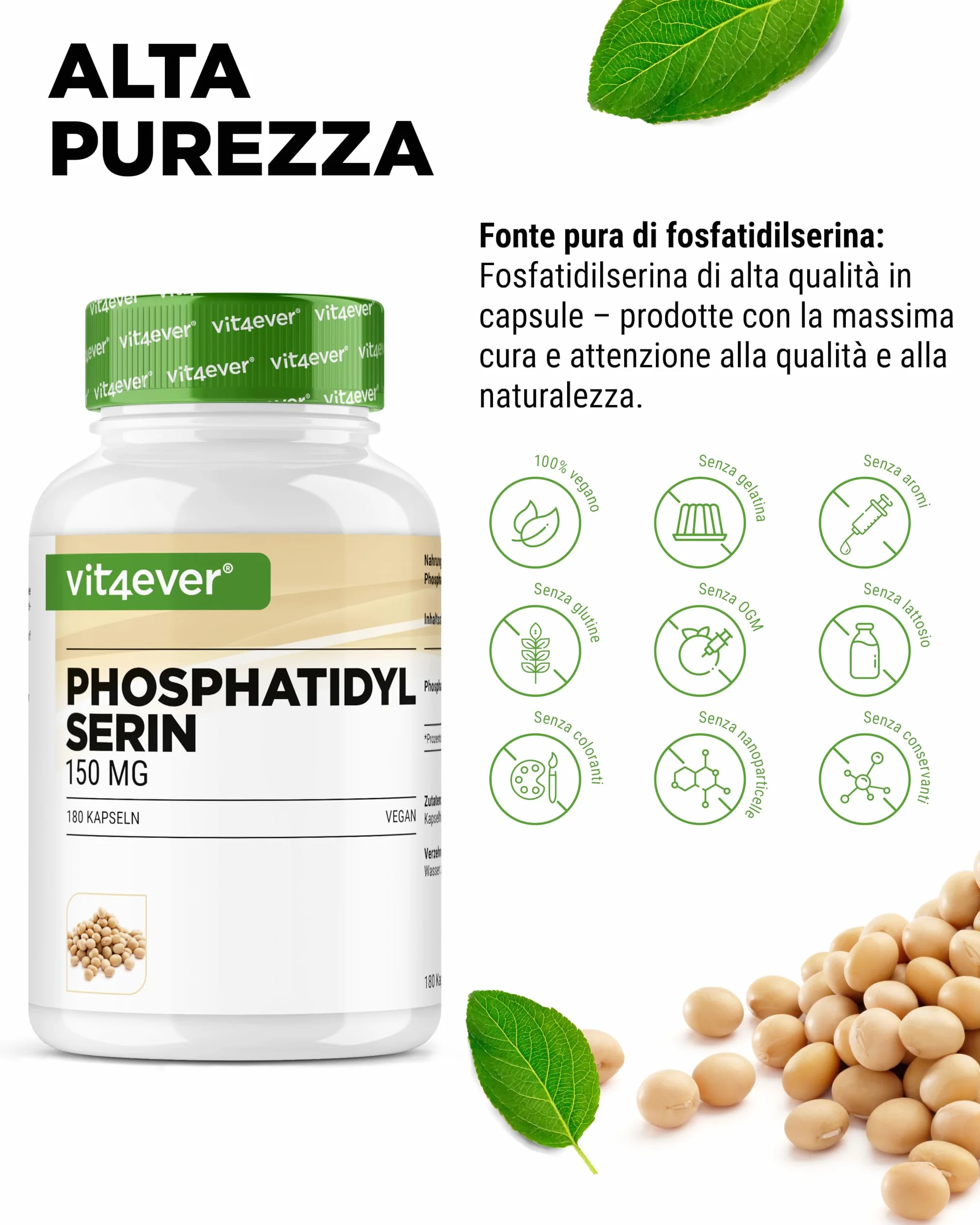 vit4ever Fosfatidilserina 300 mg 180 Capsule Alto Dosaggio Vegano