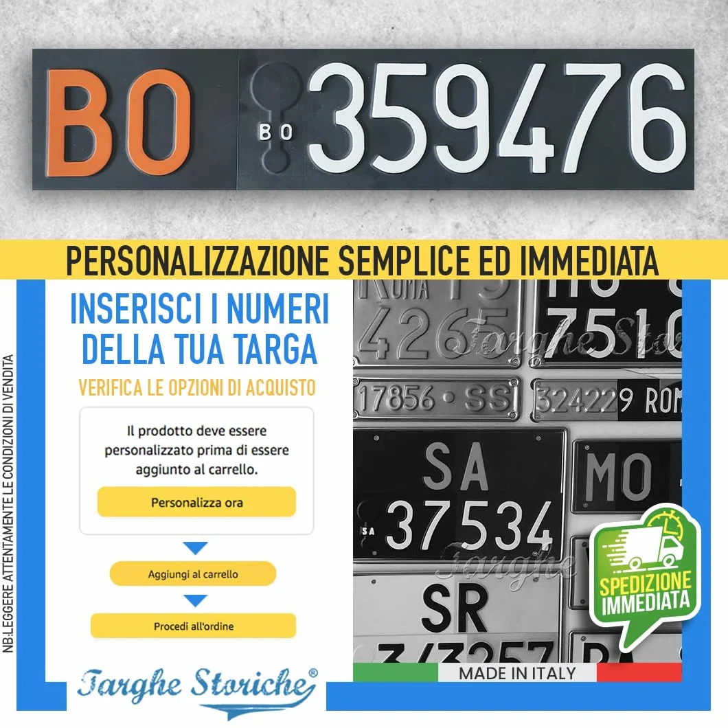 Targhe Storiche srl Targa Personalizzata - Modello Posteriore dal 1976 al 1984 – Targa d’Epoca in Plastica con Lettere e Numeri in Rilievo, Made in Italy [Affiancata Antichizzata]