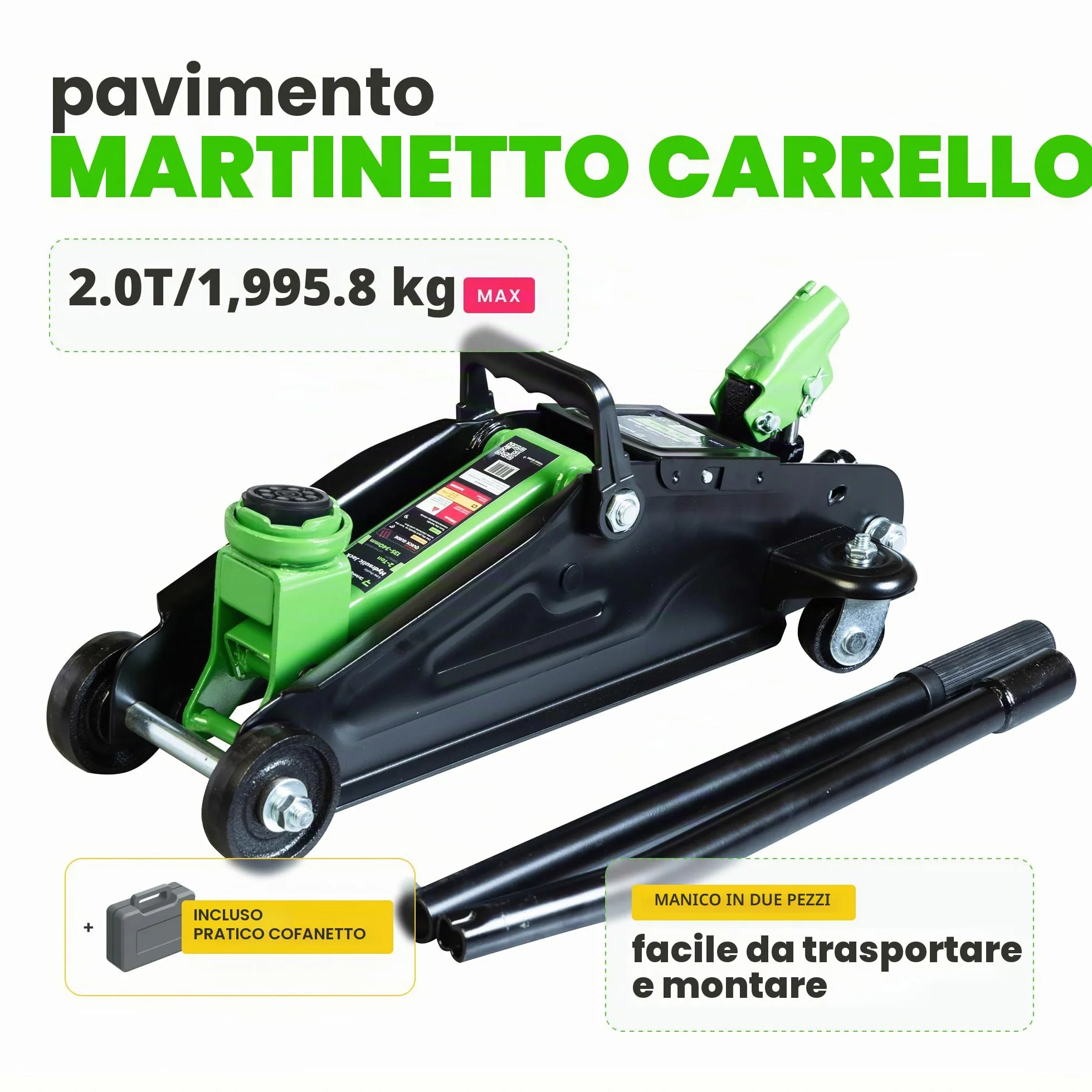 Martinetto idraulico a carrello 2 tonnellate con valigetta, intervallo sollevamento 13,5-34 cm per auto SUV