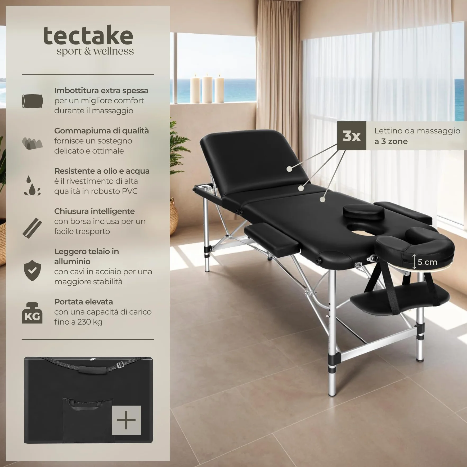 tectake Lettino Massaggio Portatile Pieghevole 3 Zone Professionale con Borsa Trasporto 61 cm Nero