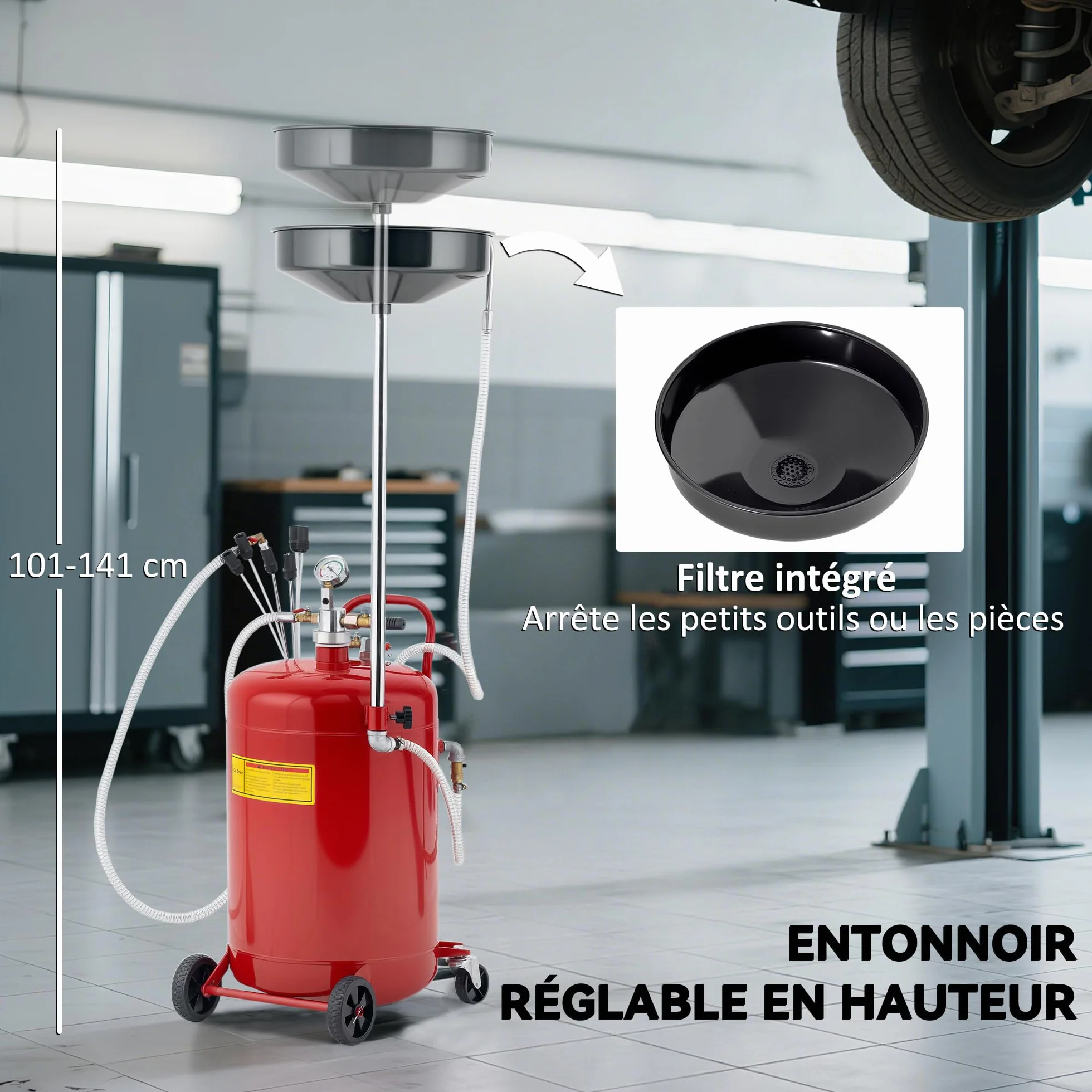 HOMCOM Carrello per svuotamento e recupero di olio usato 80 L, Altezza regolabile 101-141 cm, Carrello portaolio portatile con ruote e maniglia, Rosso