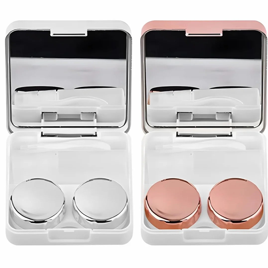 Mini Custodia per Lenti a Contatto da Viaggio con Specchio, Rosa e Argento