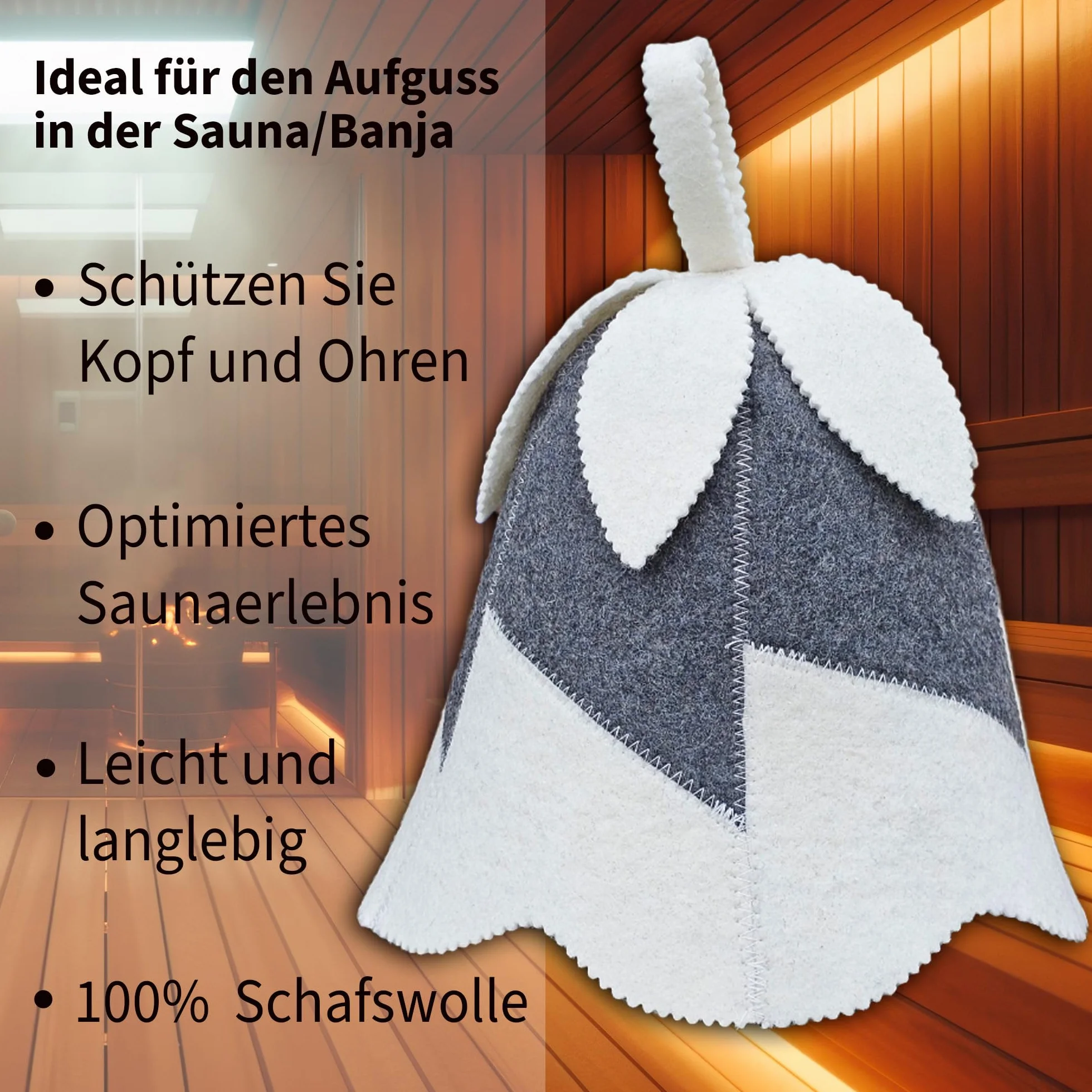 Cappello da sauna in feltro di lana 100% donna bianco grigio con ricamo floreale