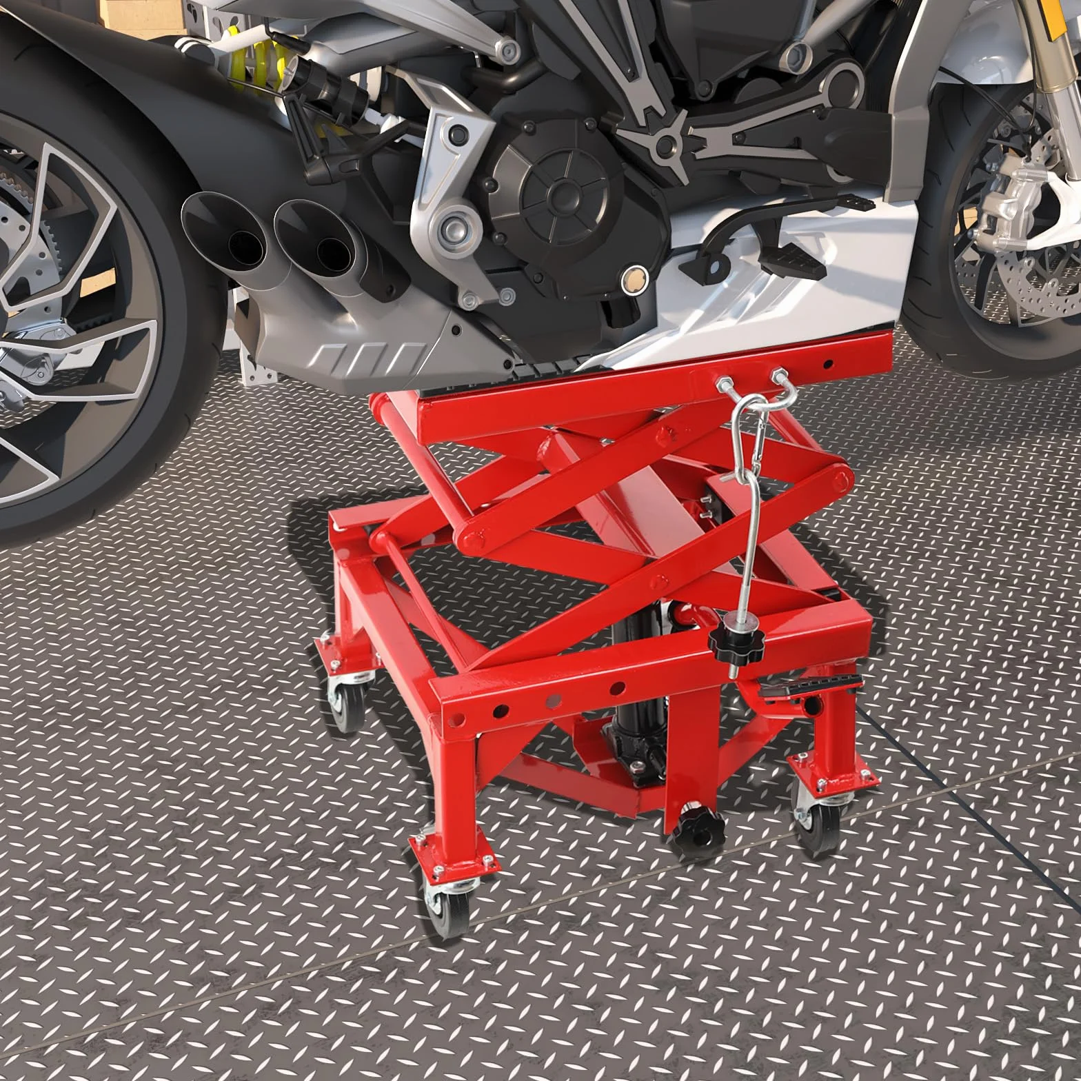 Sollevatore Idraulico per Moto con Pedale, Cavalletto Centrale a Pantografo per Moto, ATV, Enduro – Regolazione Altezza 350‑905 mm, Carico Max 158 kg, con 4 Ruote e Rotelle Universali