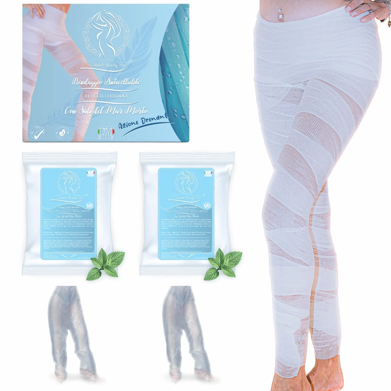 Bendaggi drenanti gambe 2 pezzi bende effetto freddo con sali del mar morto menta piperita ippocastano edera + 2 pantaloni