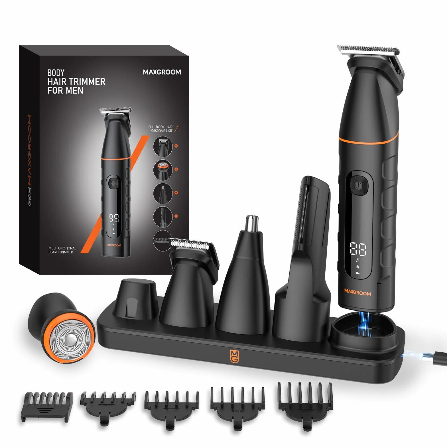 MAXGROOM 5 in 1 Rasoio Elettrico Corpo Uomo Kit, IPX6 Wet&Dry, Autonomia Prolungata