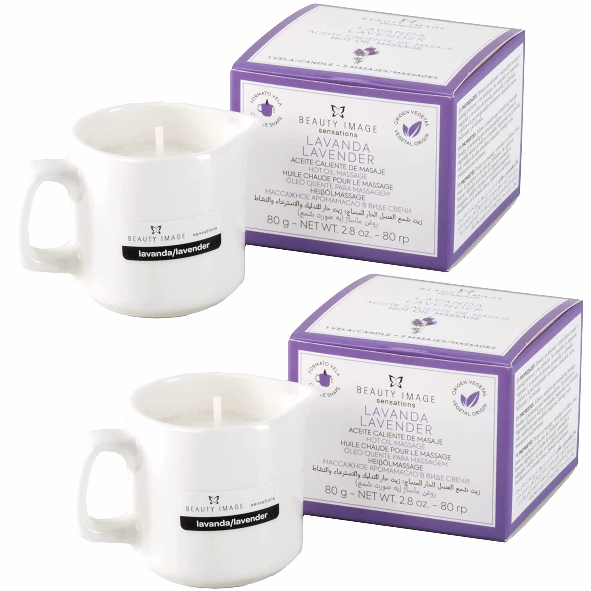 Candele da Massaggio Grandi BEAUTY IMAGE 2 Pezzi Profumo di Lavanda 80g Olio Caldo Massaggi