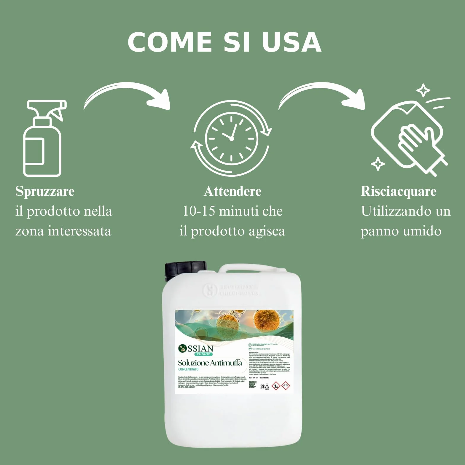 Ossian Soluzione Antimuffa 5 lt – Rimuovi Muffa, Alghe, Muschi, Licheni – Per Interni ed Esterni