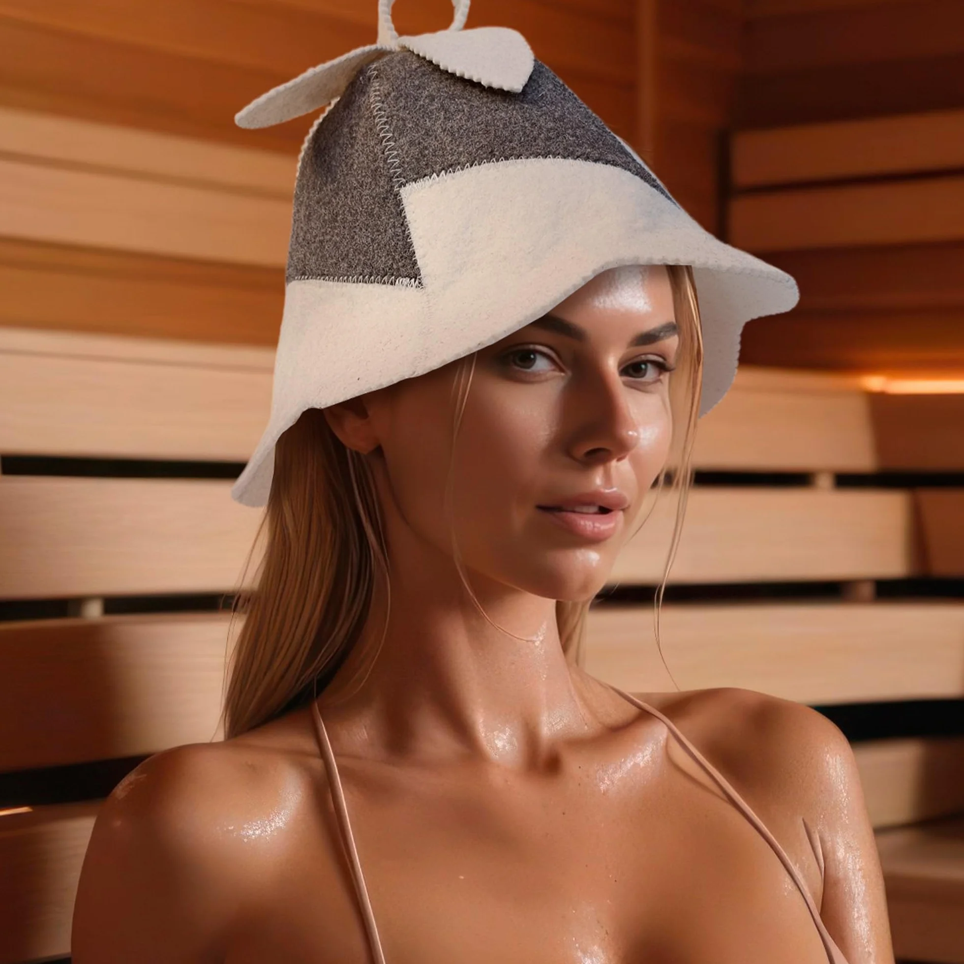Cappello da sauna in feltro di lana 100% donna bianco grigio con ricamo floreale