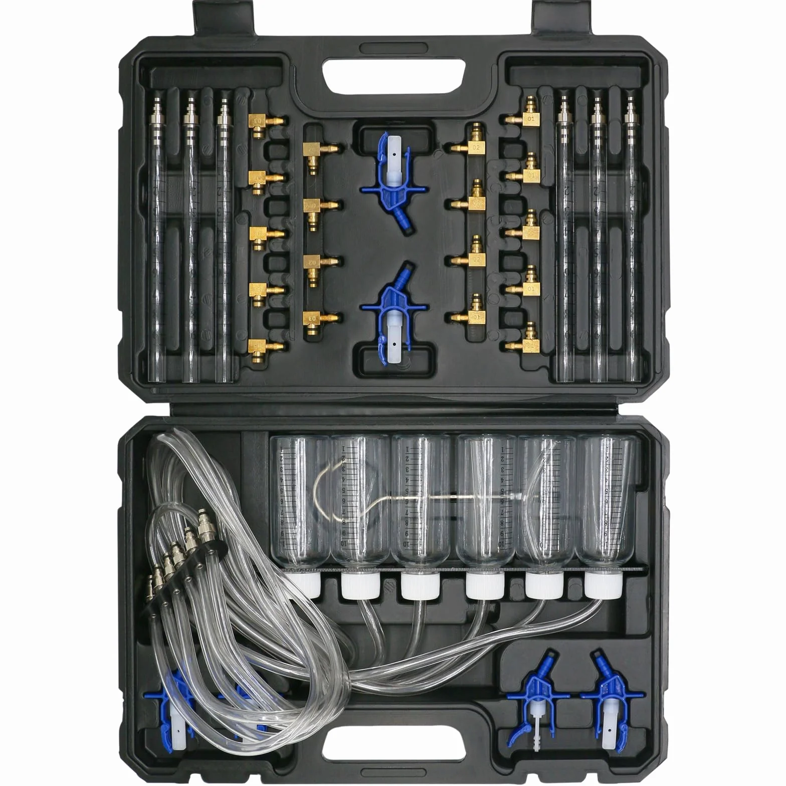 Kit di Test Perdite Diesel Common Rail con Flussometro Iniettori 6 Cilindri 24 Adattatori