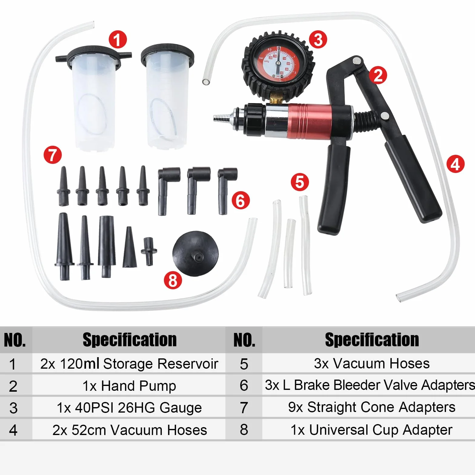 FreeTec Pompa Vuoto Spurgo Freni 21 Pezzi Kit Tester Manuale Depressione Auto Moto