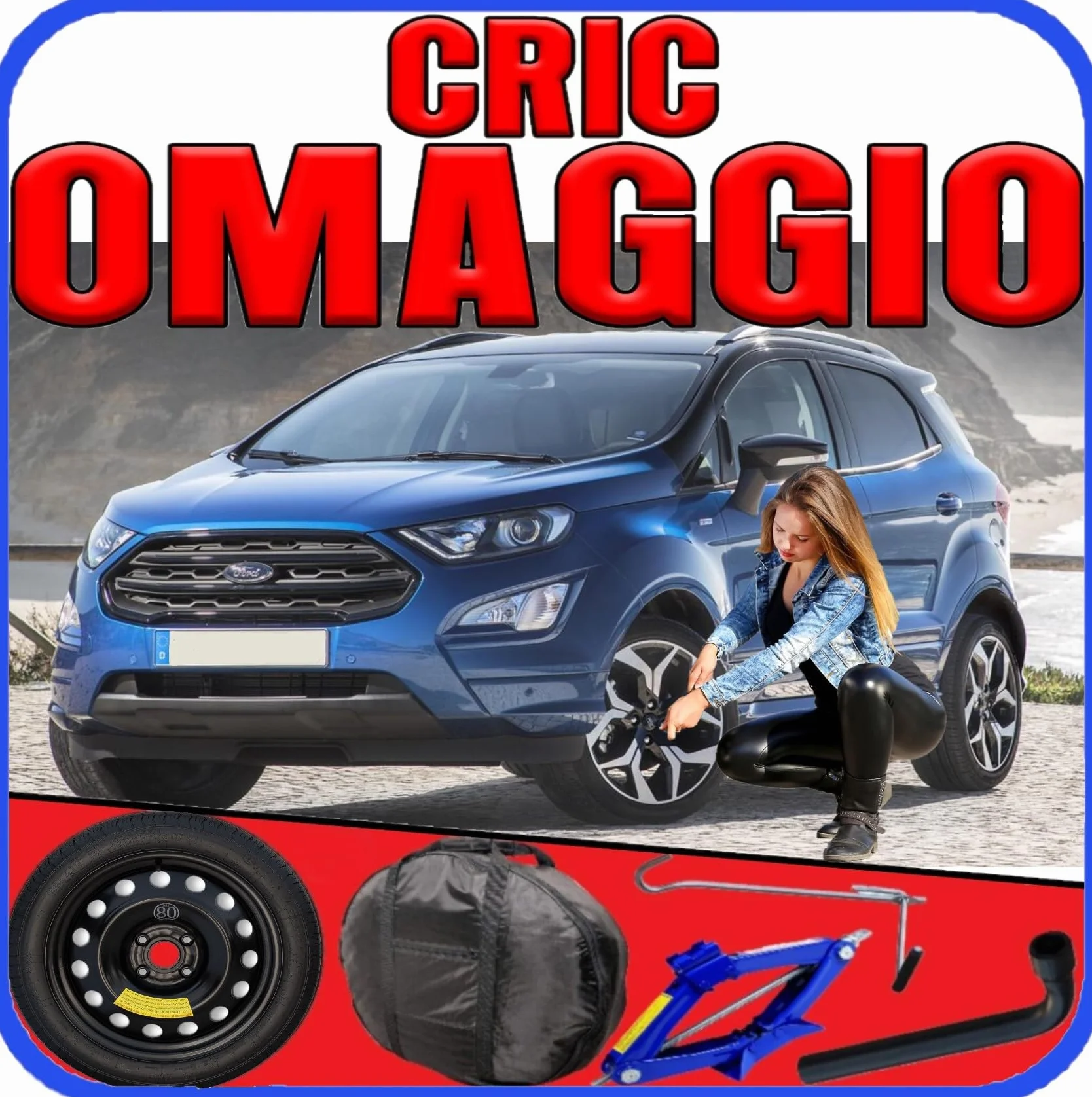 Generico Ruotino Di Scorta Per Ford Ecosport (II, B515) 4 Fori Gomma 125/80 R16 Da Anno 2012 Fino ad Anno 2024 Con Kit Accessori Cric Crick Chiave e Sacca 125 80 16 16