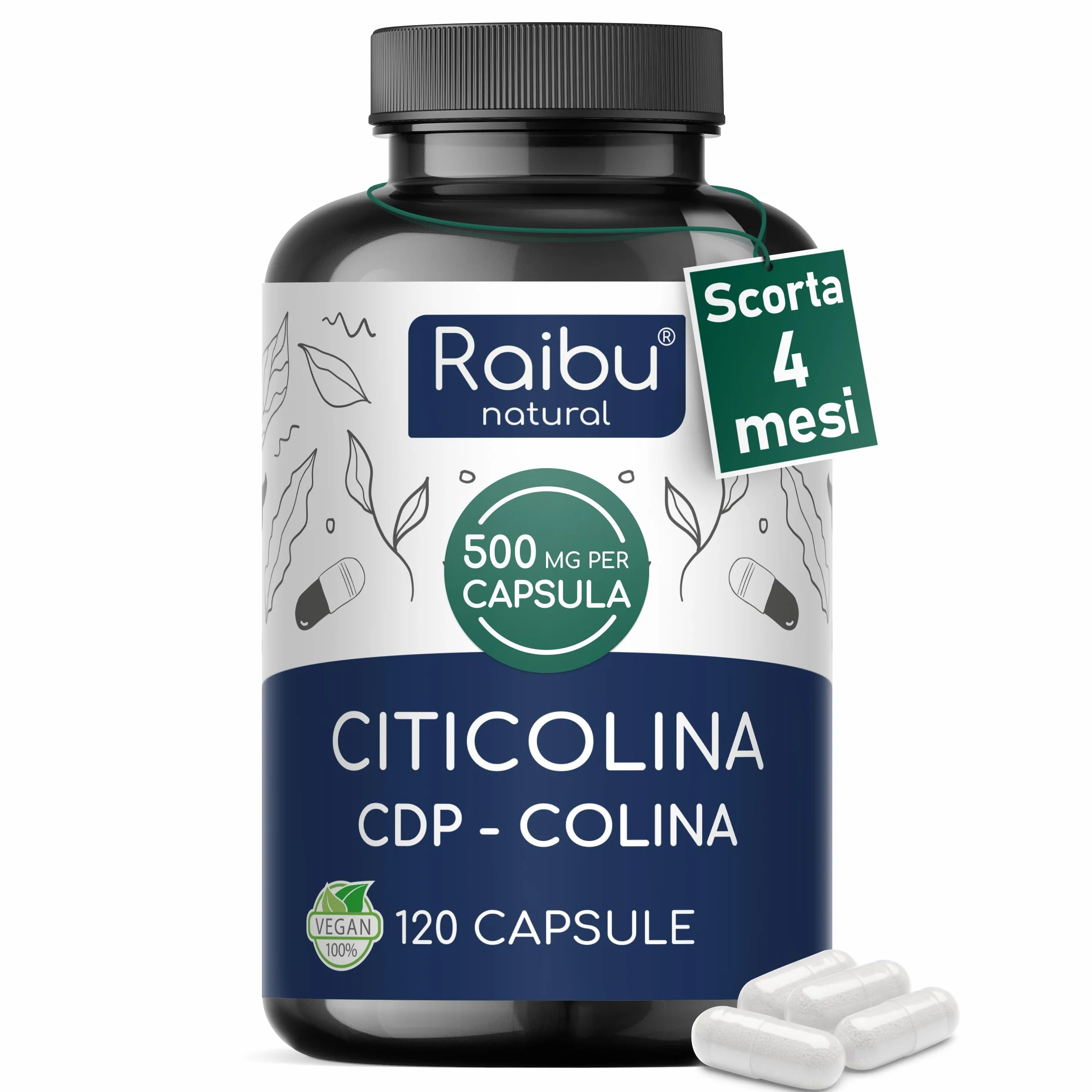 Citicolina 500 mg per Capsula 120 Capsule - CDP-Colina Pura Memoria Concentrazione Funzione Cellulare Vegano
