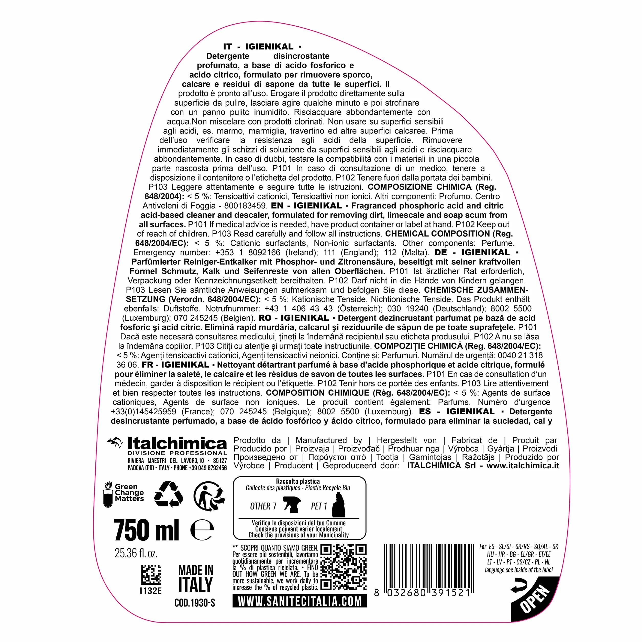 Sanitec Detergente Disincrostante Acido Fosforico Acido Citrico 750 ml