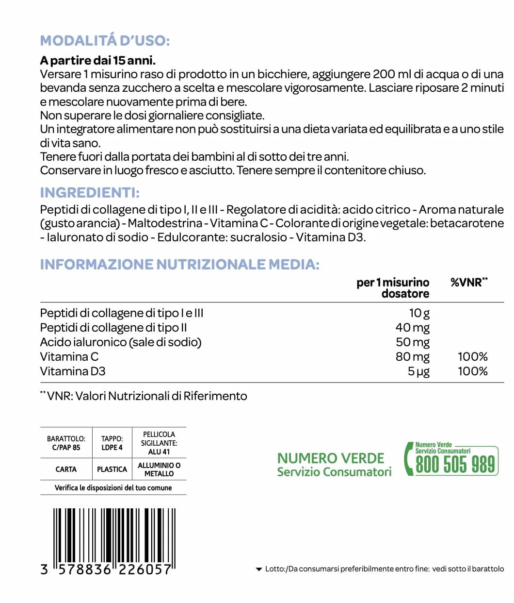 Arkopharma Collagene Multifunzione Integratore Alimentare Polvere Peptidi Collagene I II III Acido Ialuronico Vitamine C D 260g