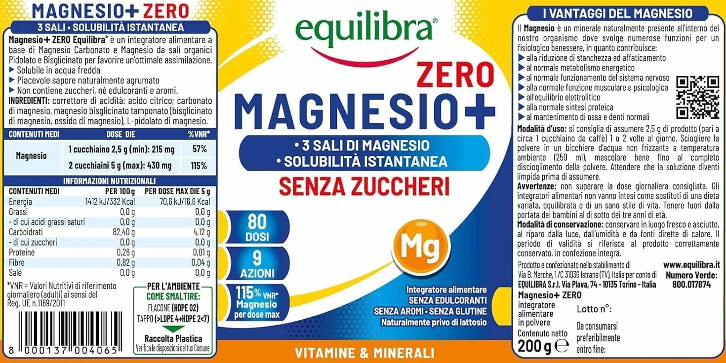 Equilibra Magnesio+ Zero Integratore Magnesio 200 g Carbonato Bisglicinato Pidolato Solubilità Istantanea