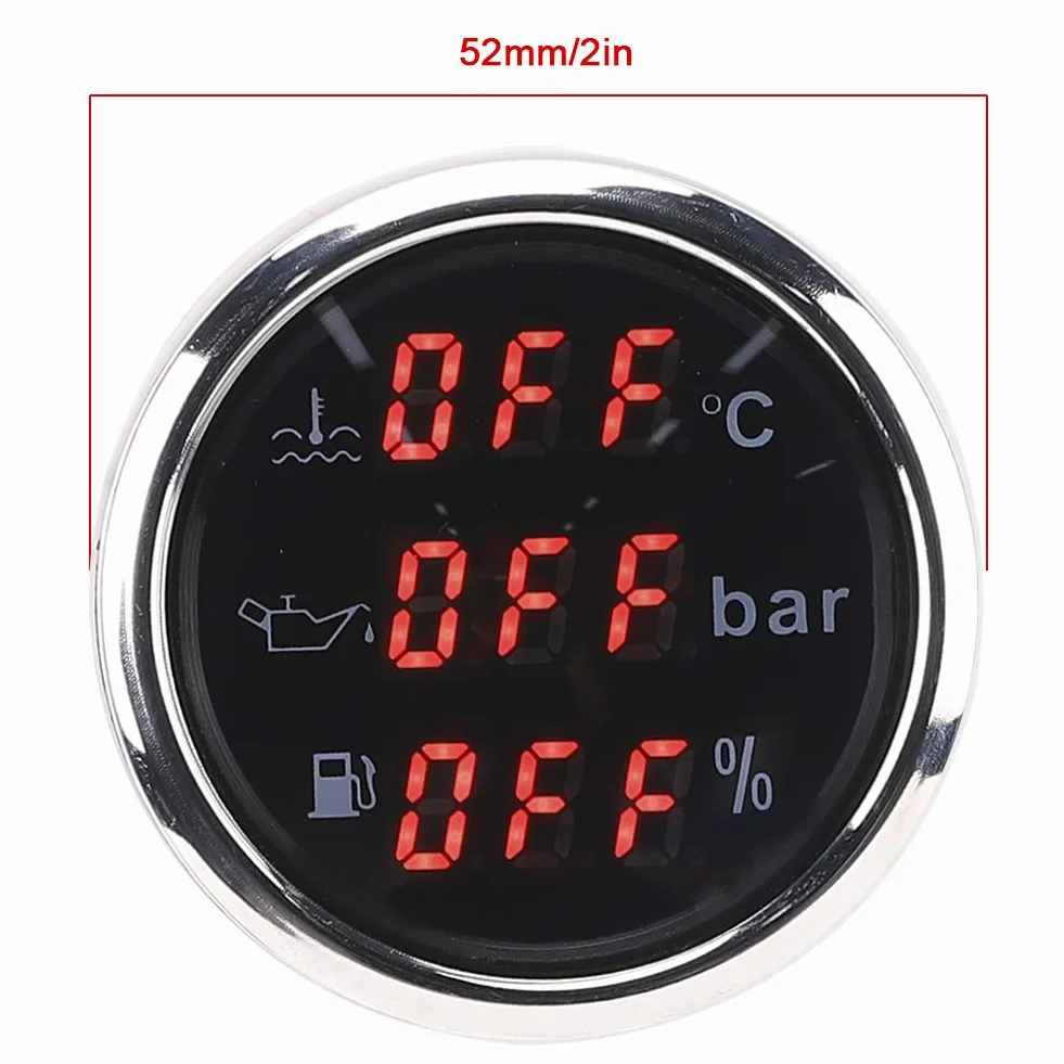 Indicatore Multifunzione 3 in 1 Indicatore Digitale Temperatura Dell'acqua di Raffreddamento Pressione Dell'olio Volume Dell'olio 52MM con Funzione di Allarme Per Car Boat RV(Piastra frontale nera)