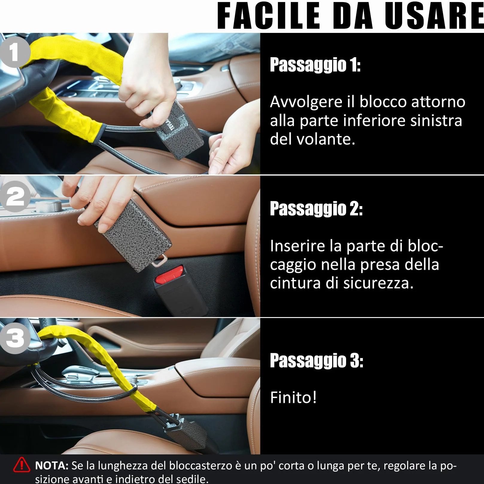 Tevlaphee Blocca Sterzo Automobile Antifurto Testa in Metallo Universale 3 Chiavi Giallo