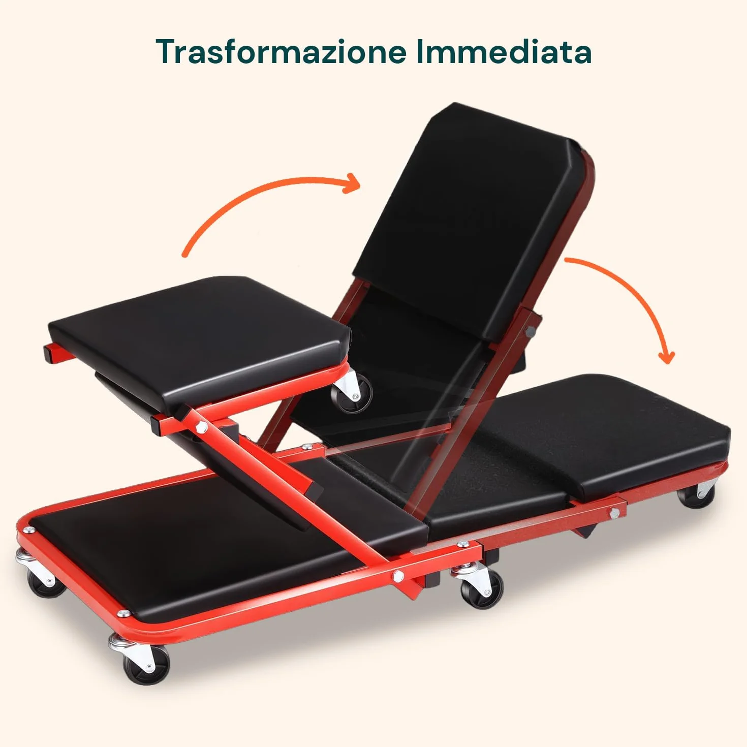 Avilia - Sgabello Officina 2 in 1 Trasformabile in Lettino Meccanico con 6 Ruote Girevoli, Struttura Robusta in Acciaio, Uso Ergonomico per Lavoro in Garage e Manutenzione Auto