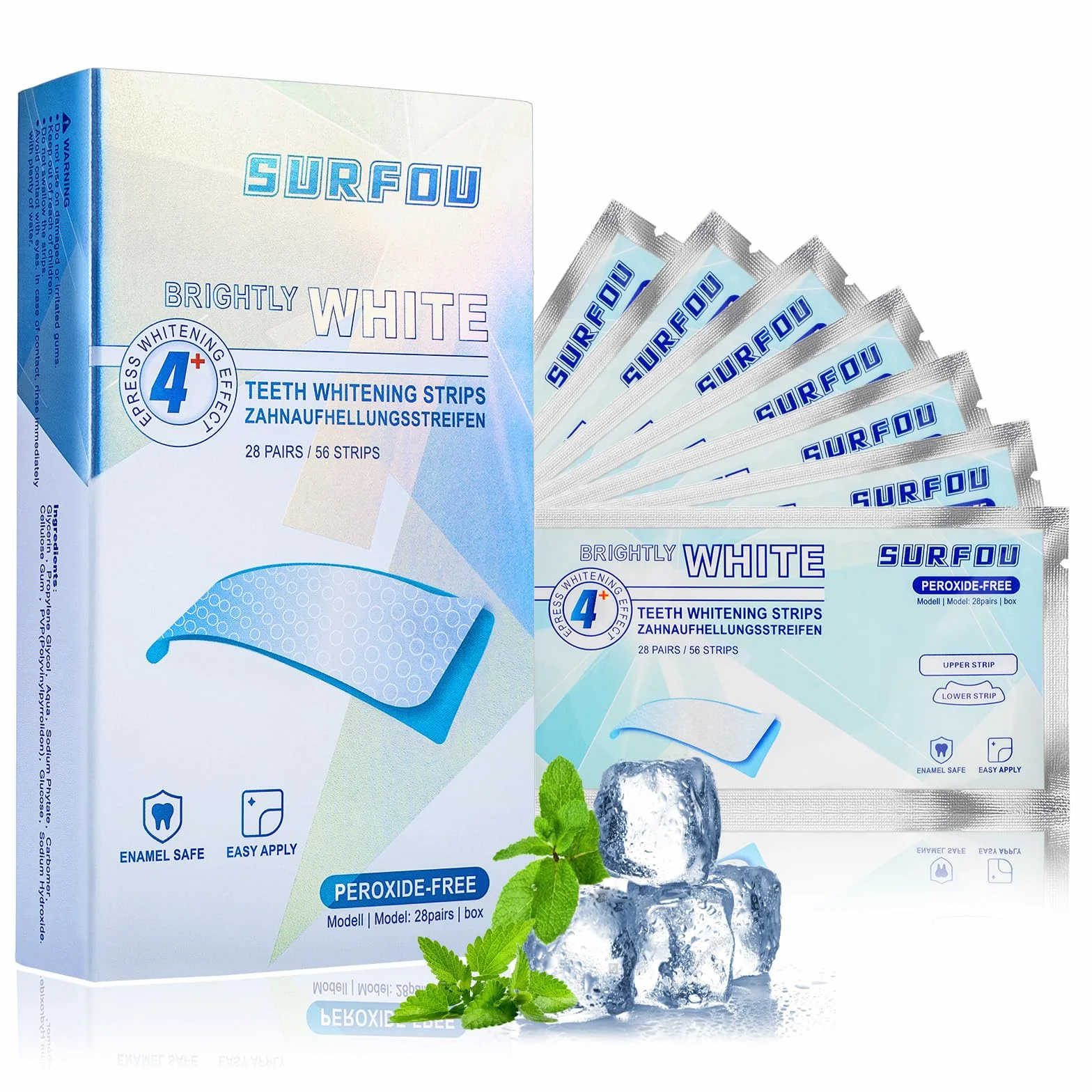 SURFOU Kit Strisce Sbiancanti Denti 56 Pezzi - Teeth Whitening Strips Professionale, Sbiancamento Rapido e Delicato, Senza Perossido per Denti Sensibili