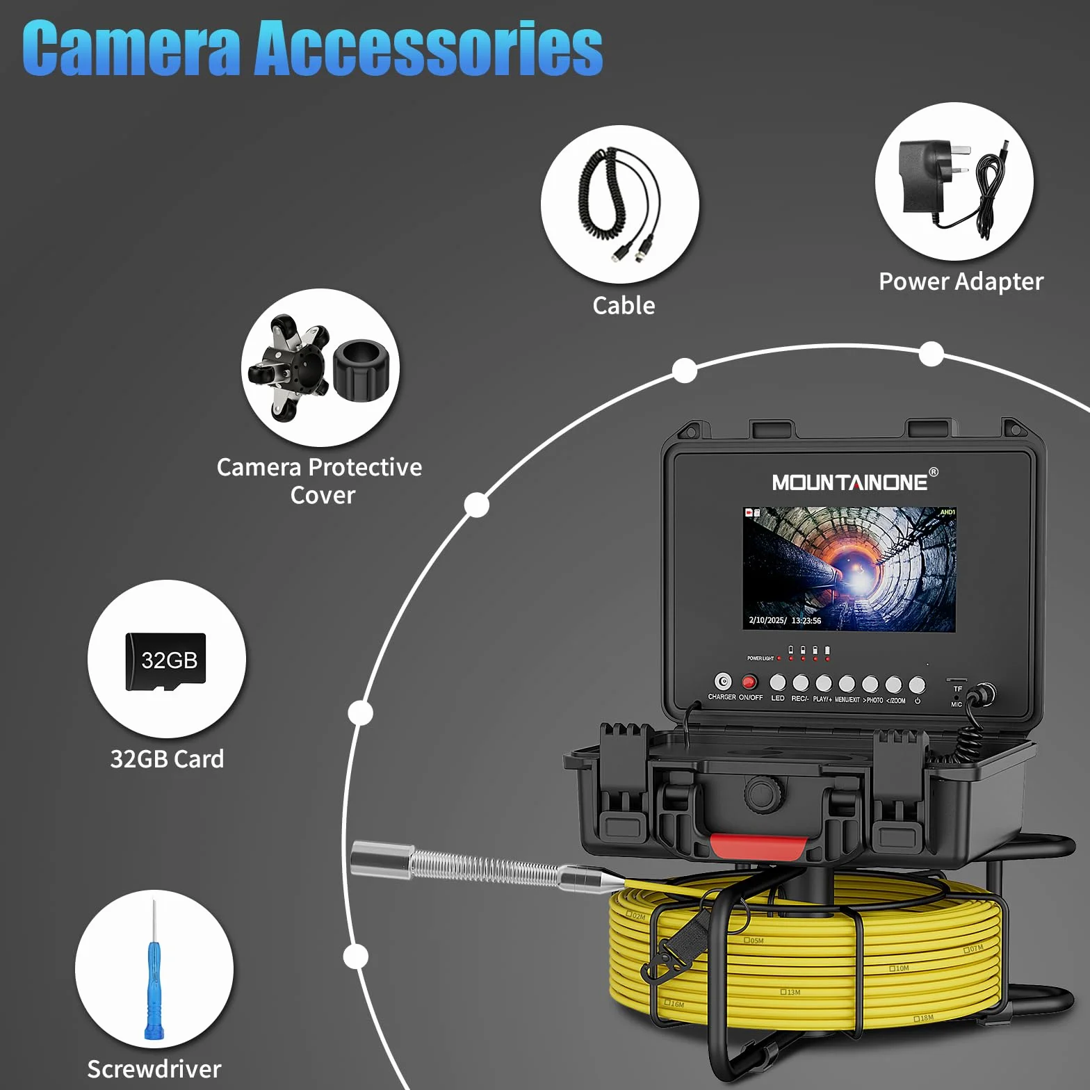 Telecamera Ispezione Tubi 7" Monitor IP68 Impermeabile con 12 LED 30M 23mm Endoscopio Professionale 32GB