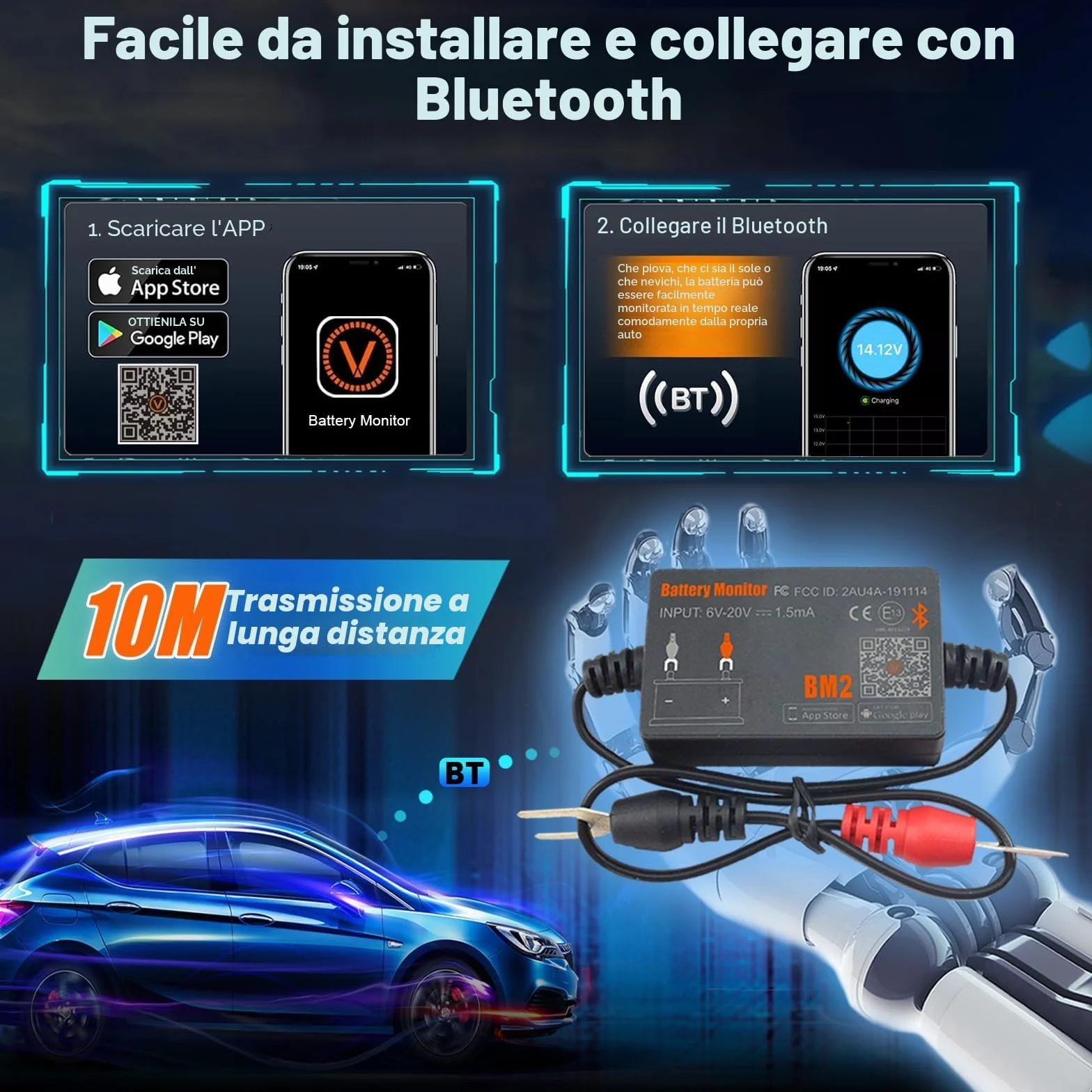 Monitor Batteria Bluetooth 4.0 Wireless Battery Tester, Car Charging Start e Alarm System Monitor Analizzatore Batteria Digitale Adatto a 12V Sistemi Solari Moto Barche Auto Compatibili Android iOS