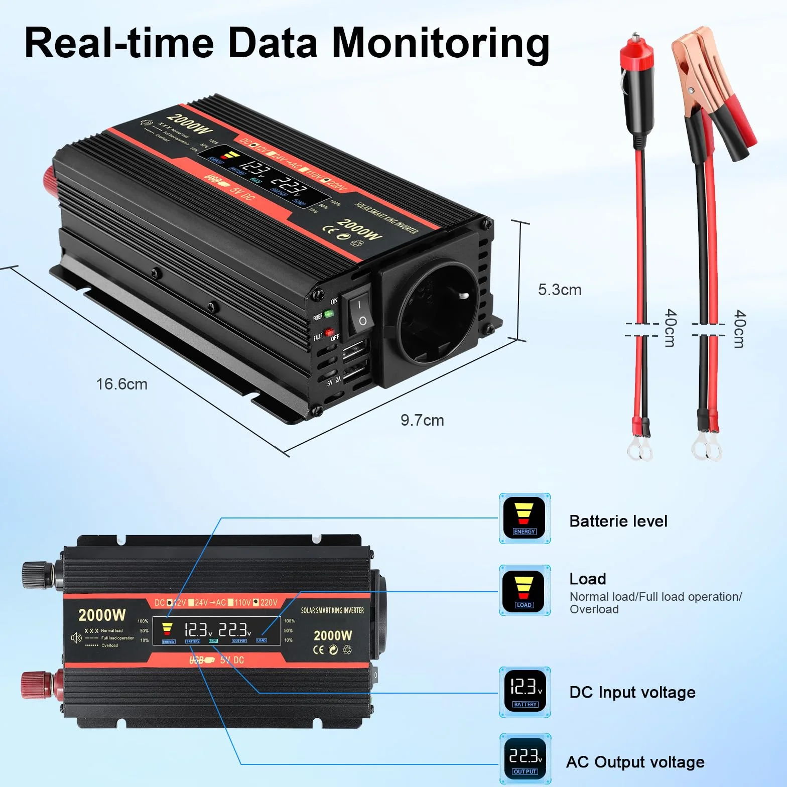 Premio Convertitore di Tensione 2000W 12V 220V Inverter per Auto con Allume Cigare 2 Porte USB
