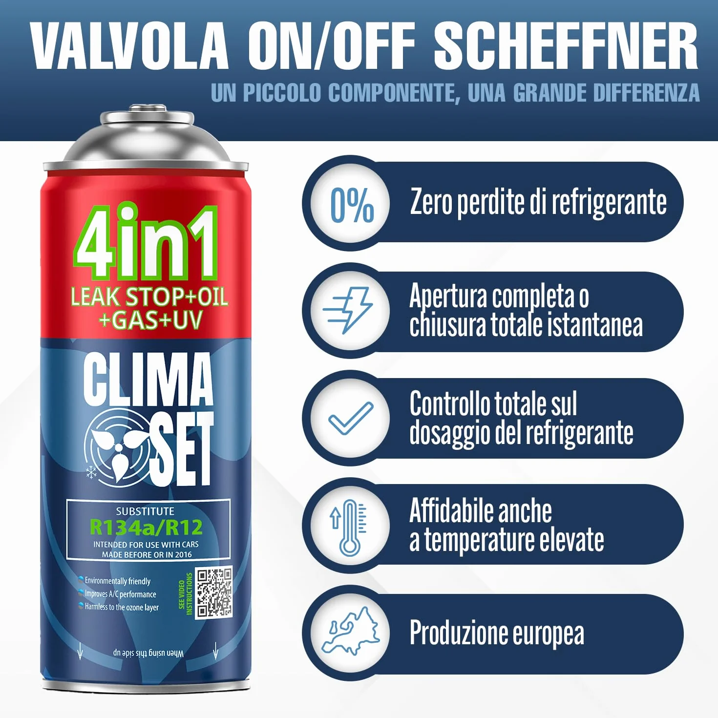 Kit Ricarica Gas Climatizzatore Auto R134a 4in1 con Olio Sigillante Colorante UV Tubo Flessibile