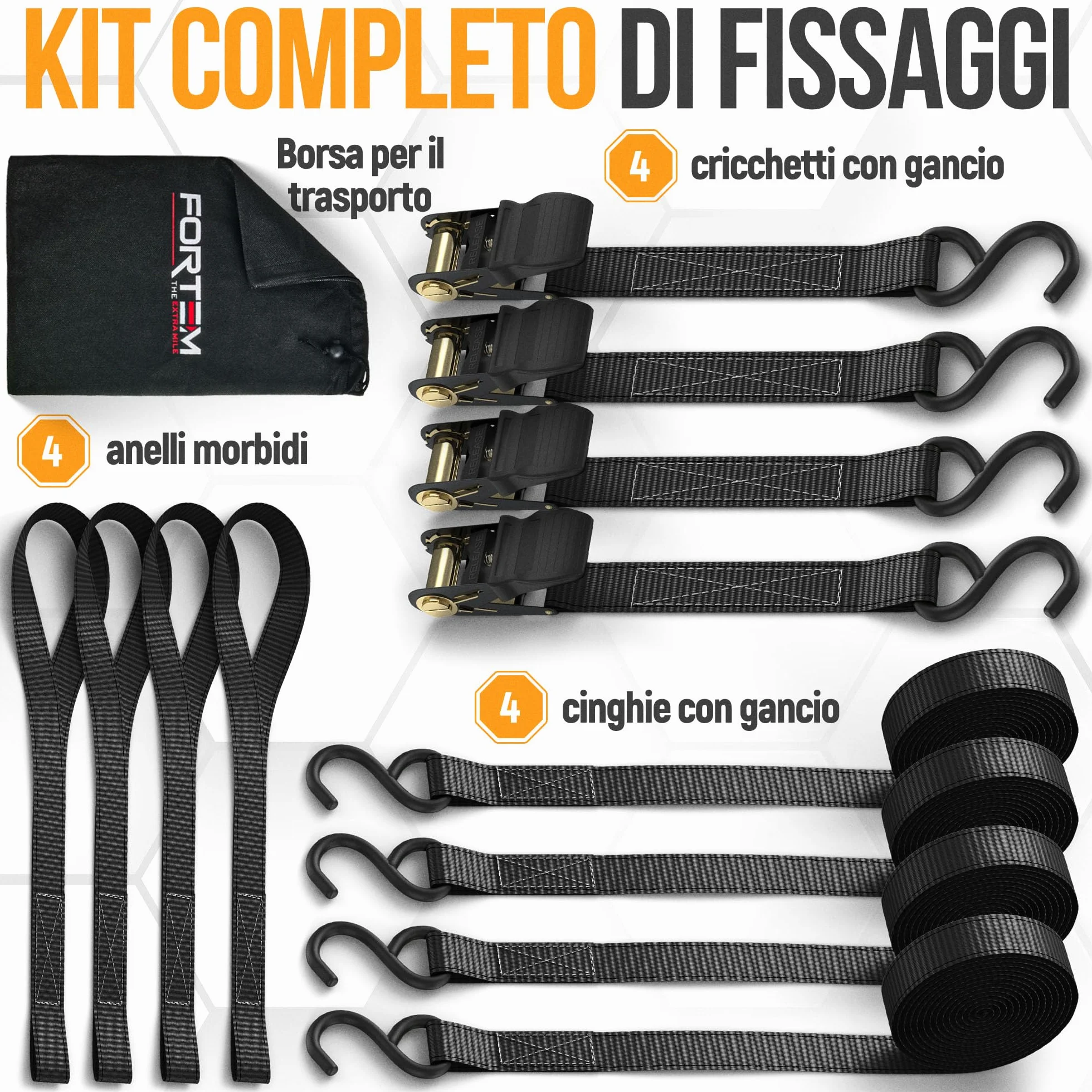 FORTEM Cinghie a Cricchetto Set da 4, Resistenza 748 Kg, 4,57 m, Ganci in Metallo, Custodia Inclusa, Nero