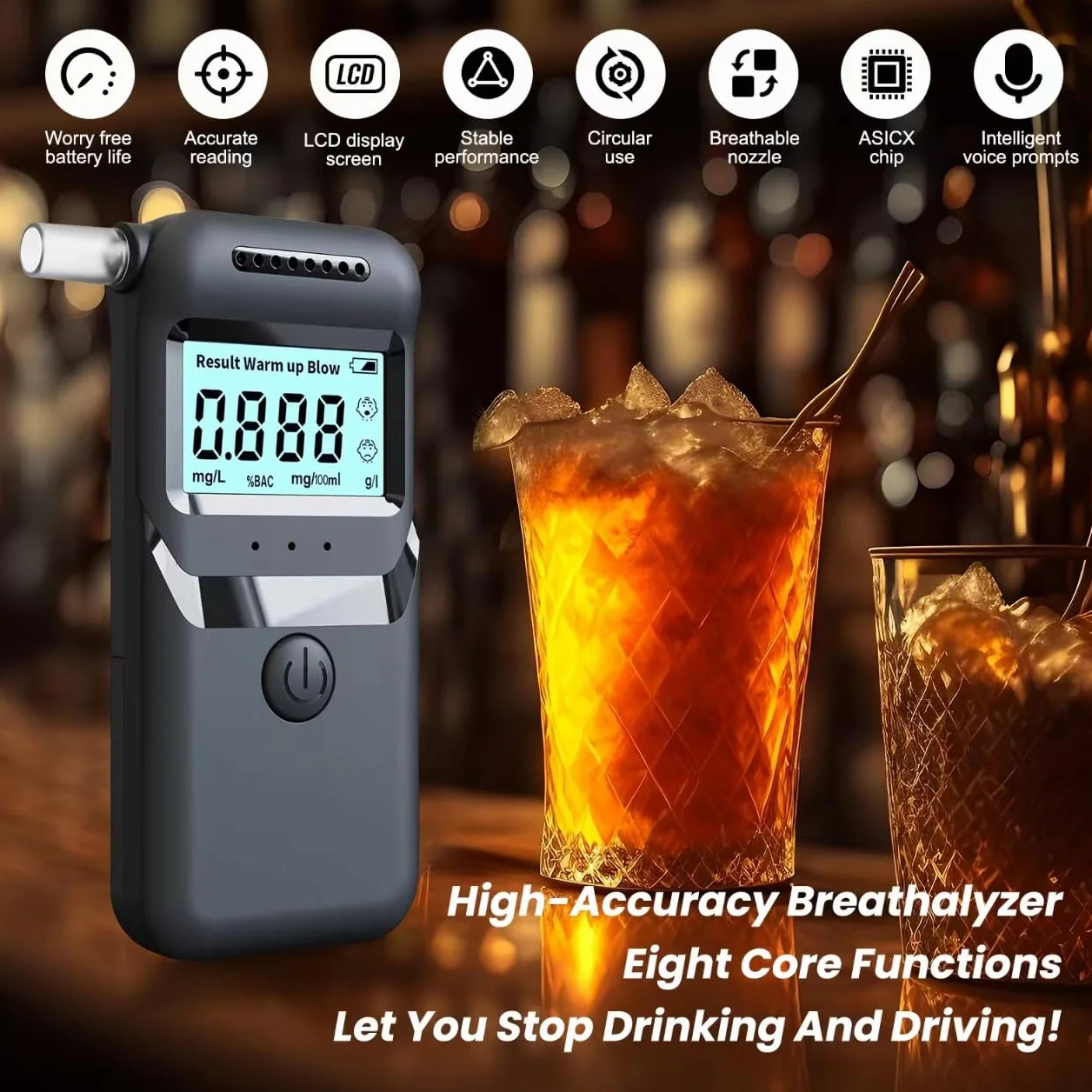 Etilometro Portatile Certificato per Alcol Test, Misuratore di Alcol Professionale Digitale, Sensore Semiconduttore, Display LCDigitale, Misurazione Rapida e Accurata, con 20 Beccucci