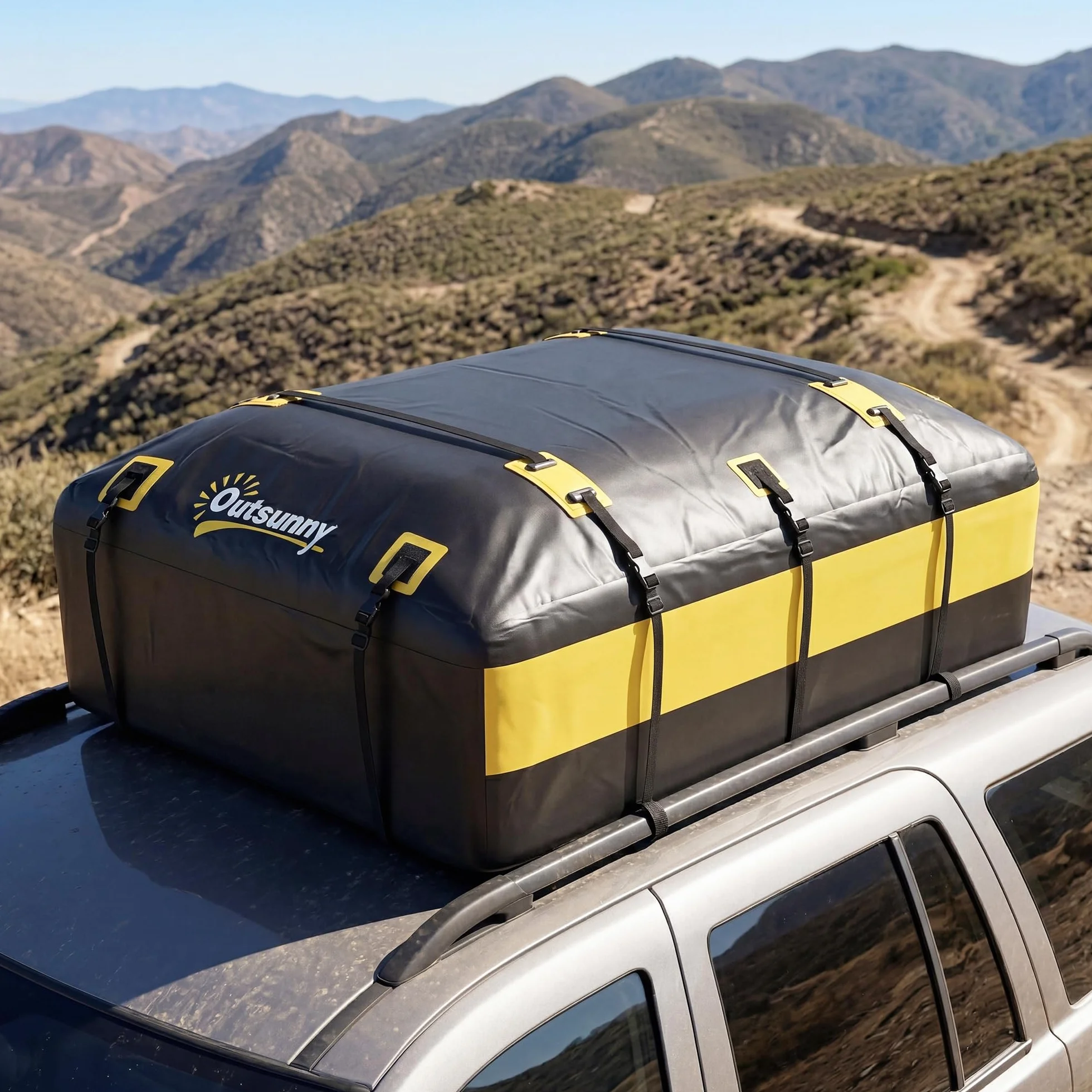 Outsunny Portabagagli da Tetto 595 Litri Impermeabile, Borsa da Tetto Auto con 6 Cinghie Rinforzate, Tappetino Antiscivolo e Ganci per Portiere, Adatto a Tutti i Veicoli con o senza Barre, Giallo